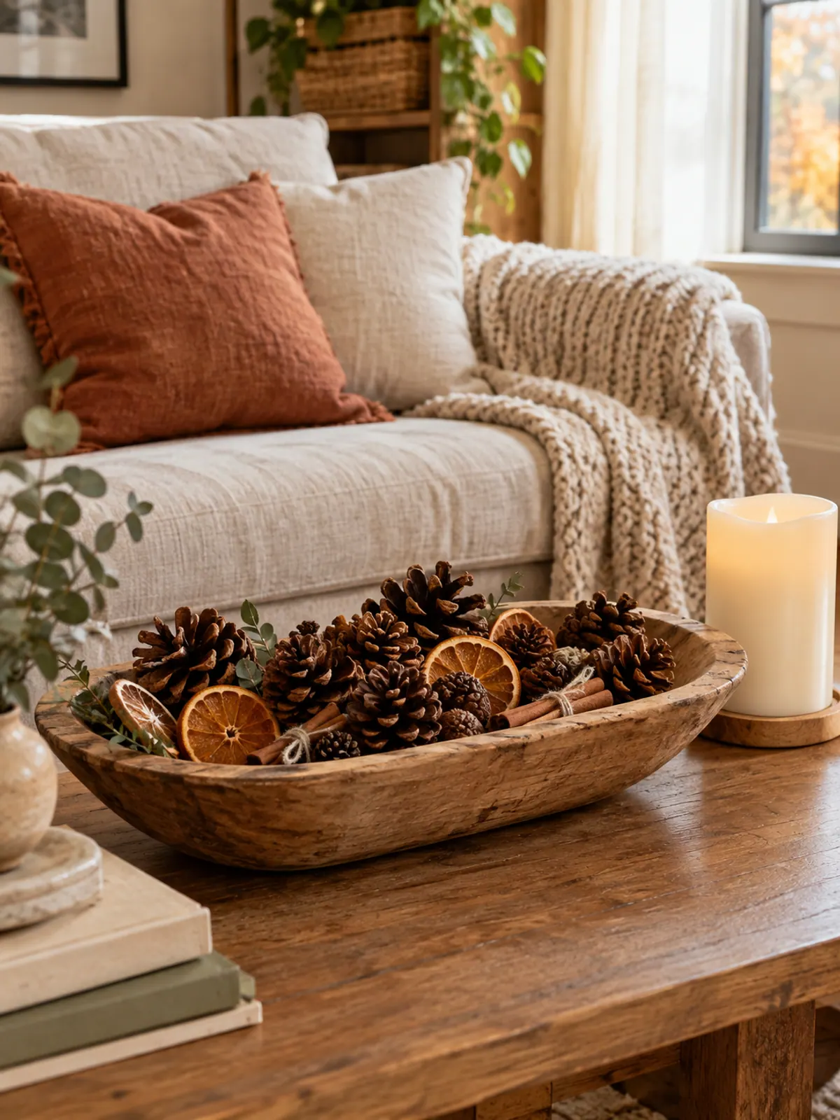 Wooden dough bowl on a coffee table filled with pinecones, dried orange slices and cinnamon sticks beside a flameless candle