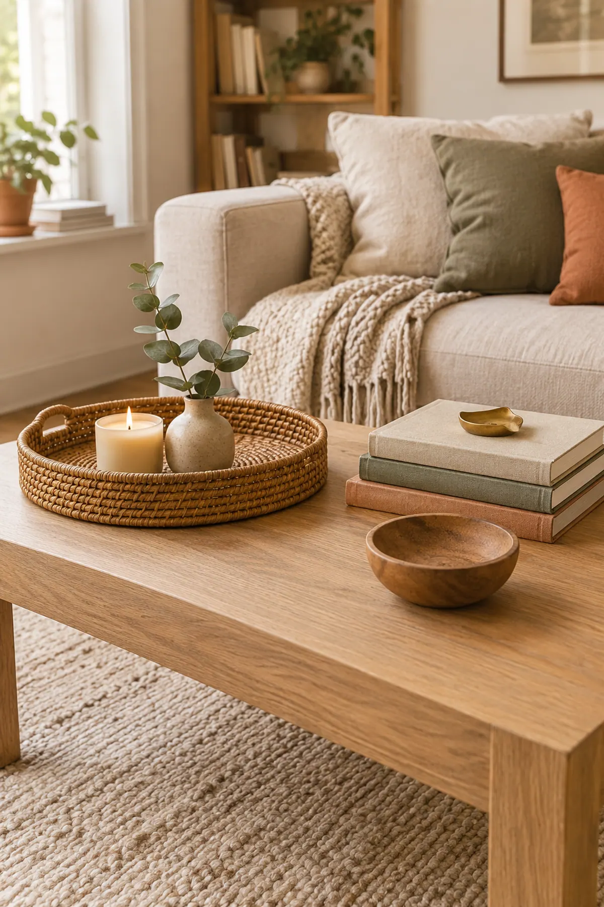 Coffee table decor on a light oak table: a rattan tray with a cream candle and bud vase, a stack of linen books with a brass object and a low wooden bowl