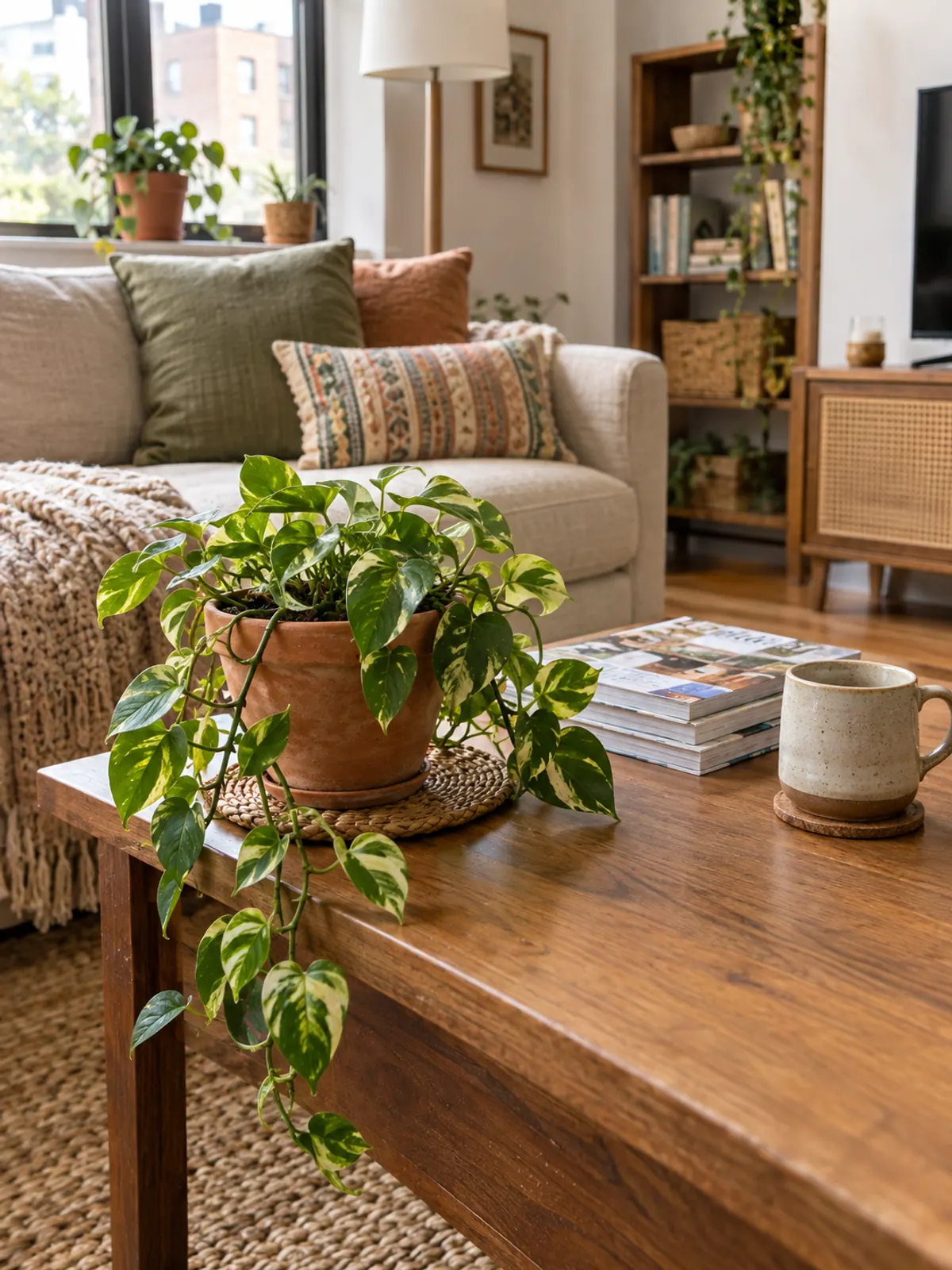 Low trailing pothos in a terracotta pot on a woven coaster at the corner of a rectangular coffee table