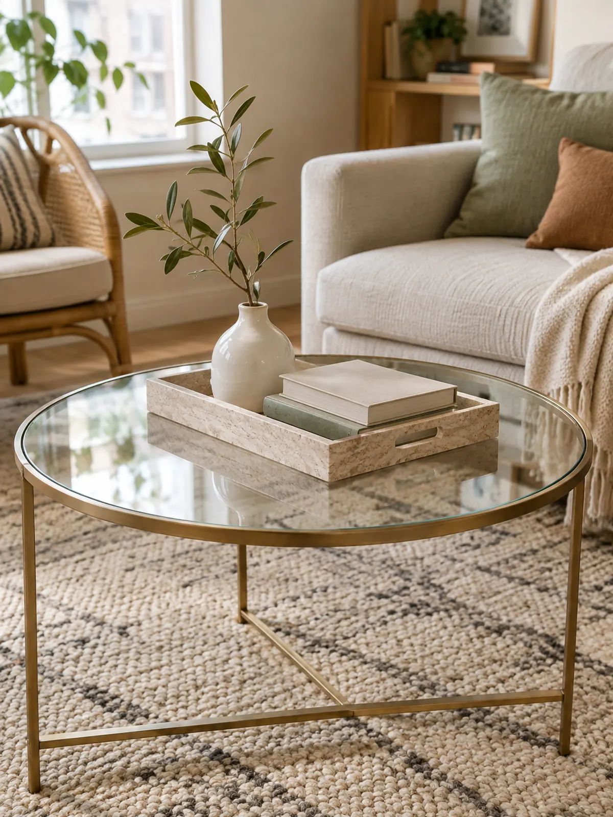 Small round glass coffee table with a brass frame holding a stone-look tray, a white vase with one branch and two books
