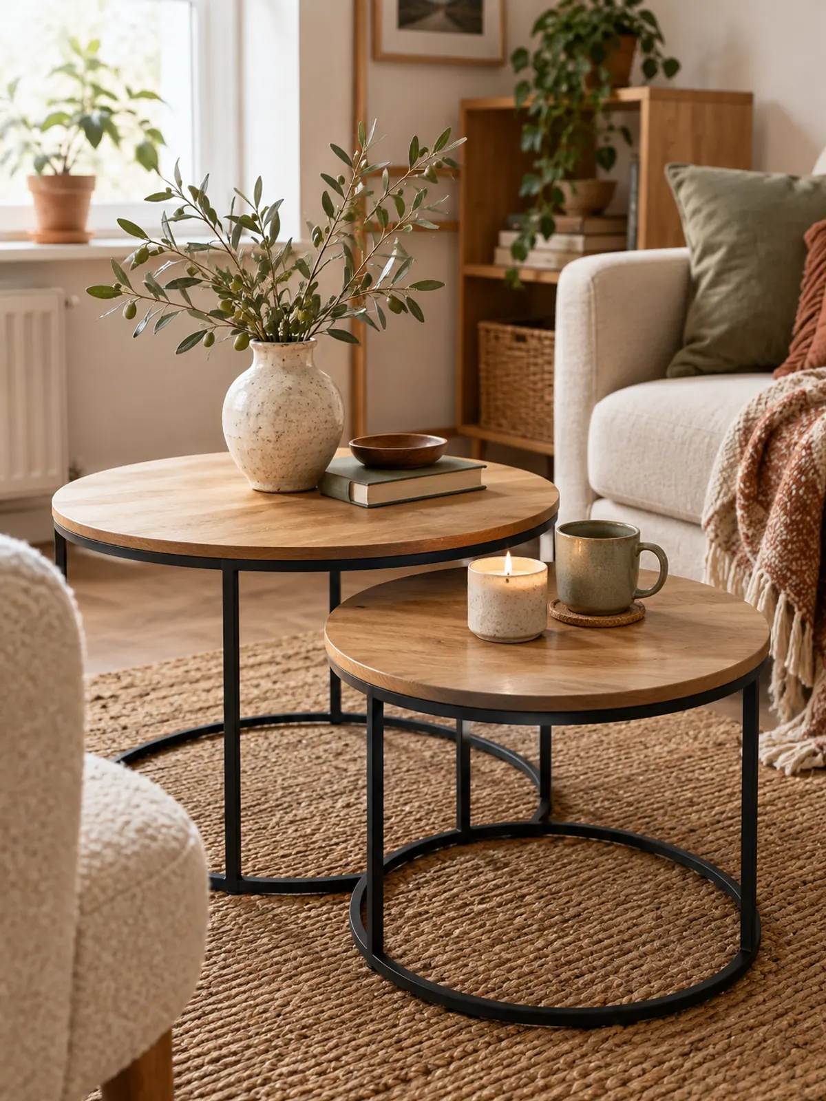 Round nesting coffee tables in wood and black metal, the taller with olive branches and a book, the lower with a candle and mug