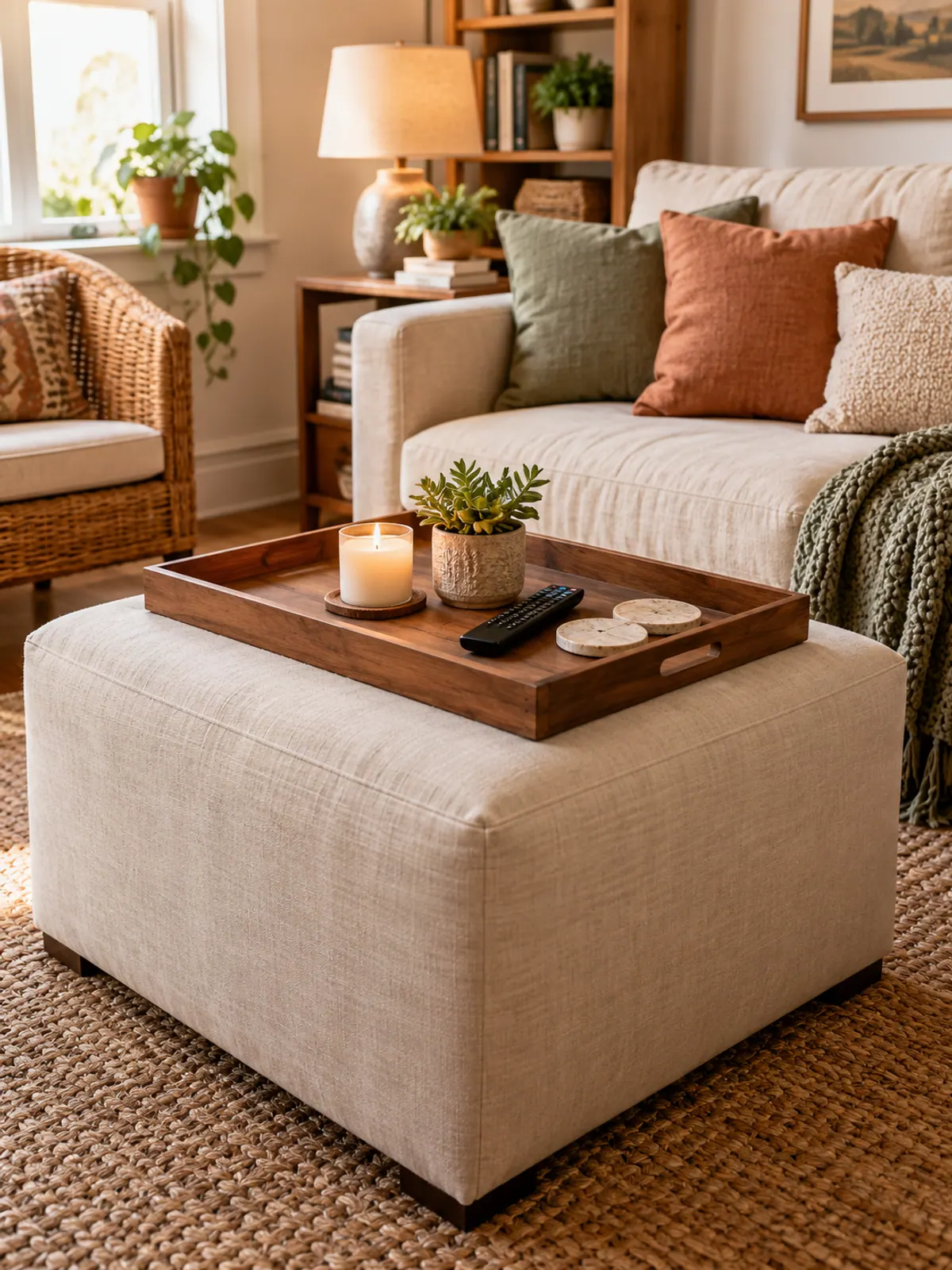 Square linen ottoman used as a coffee table with a flat wooden tray holding a candle, a remote, a succulent and coasters