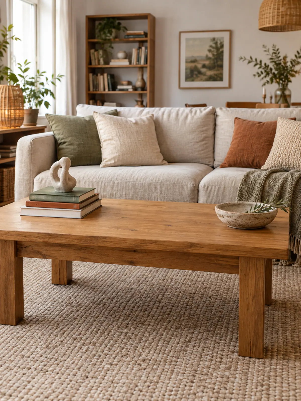 Long oak coffee table with books and a sculpture on the left, a low ceramic bowl on the right and open space in the middle