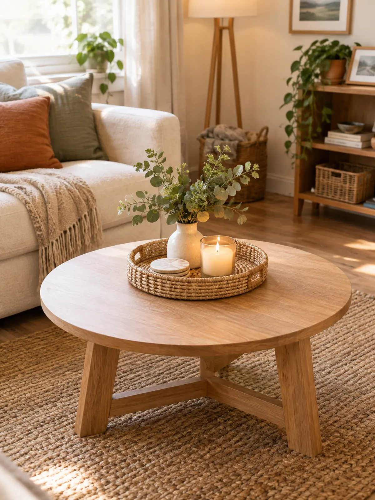 Round coffee table decor with a centered woven tray holding a candle, a small vase of greenery and coasters on a jute rug