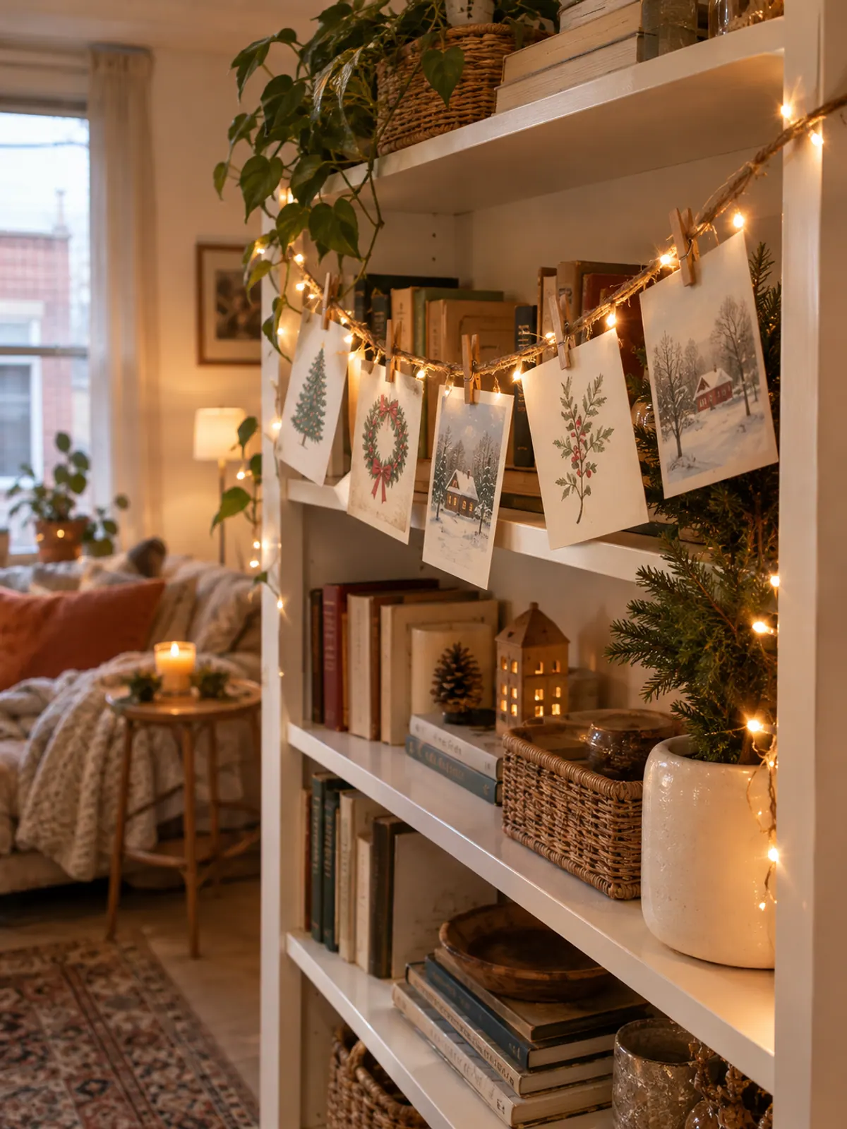 Christmas cards clipped with small wooden clothespins to twine draped along a white bookshelf with warm fairy lights