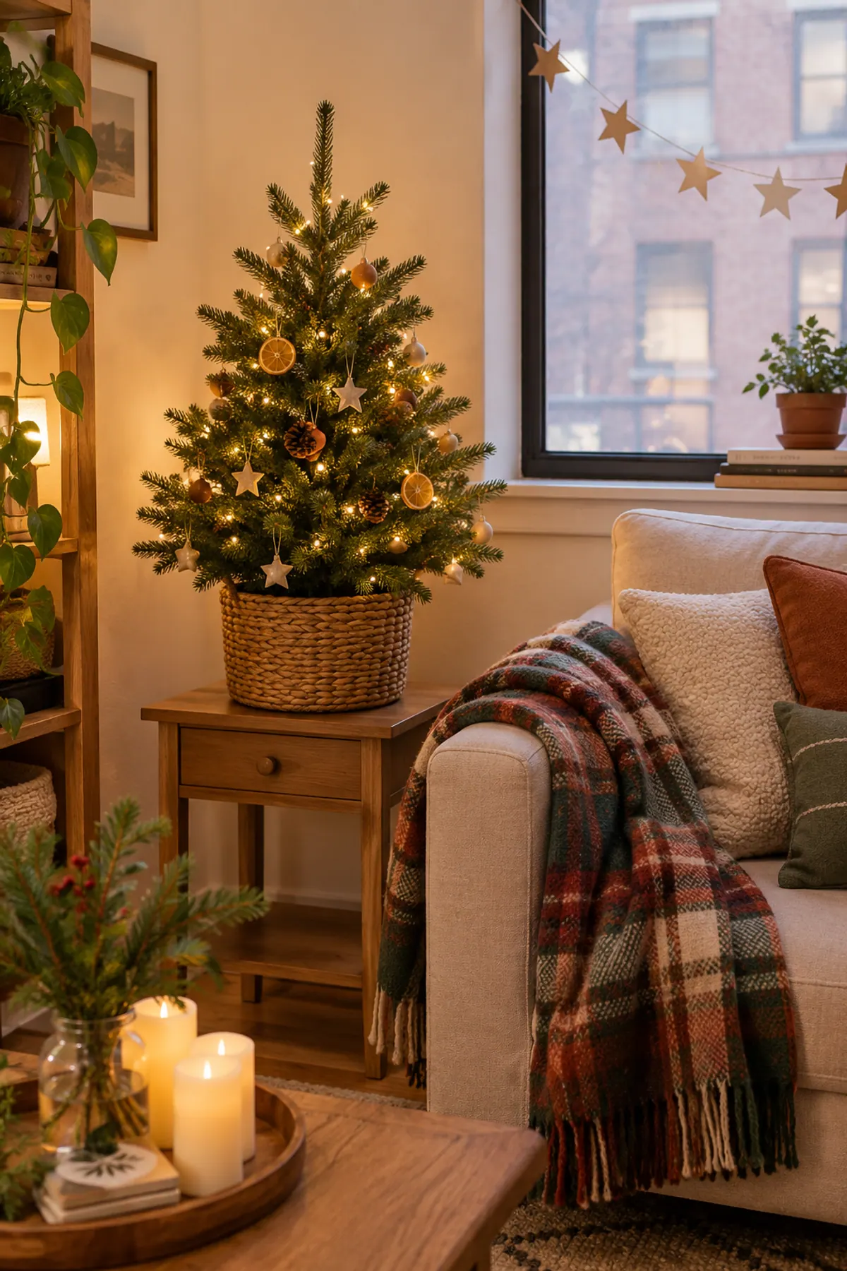 Cozy Christmas decor on a budget in a small apartment corner: a tabletop tree in a woven basket, warm fairy lights, a plaid throw, a paper star garland in the window and greenery in a glass jar