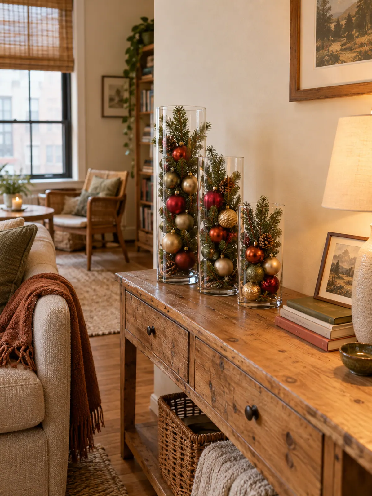 Three clear glass cylinder vases of different heights filled with red, gold and sage ornaments and pine sprigs on a white kitchen counter