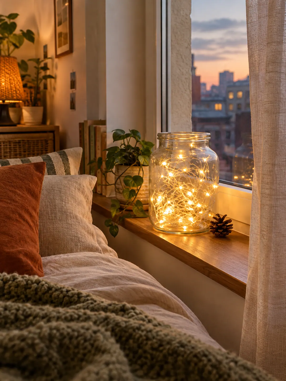 Warm white battery fairy lights coiled inside a large glass jar glowing on a wooden windowsill at dusk beside a pinecone