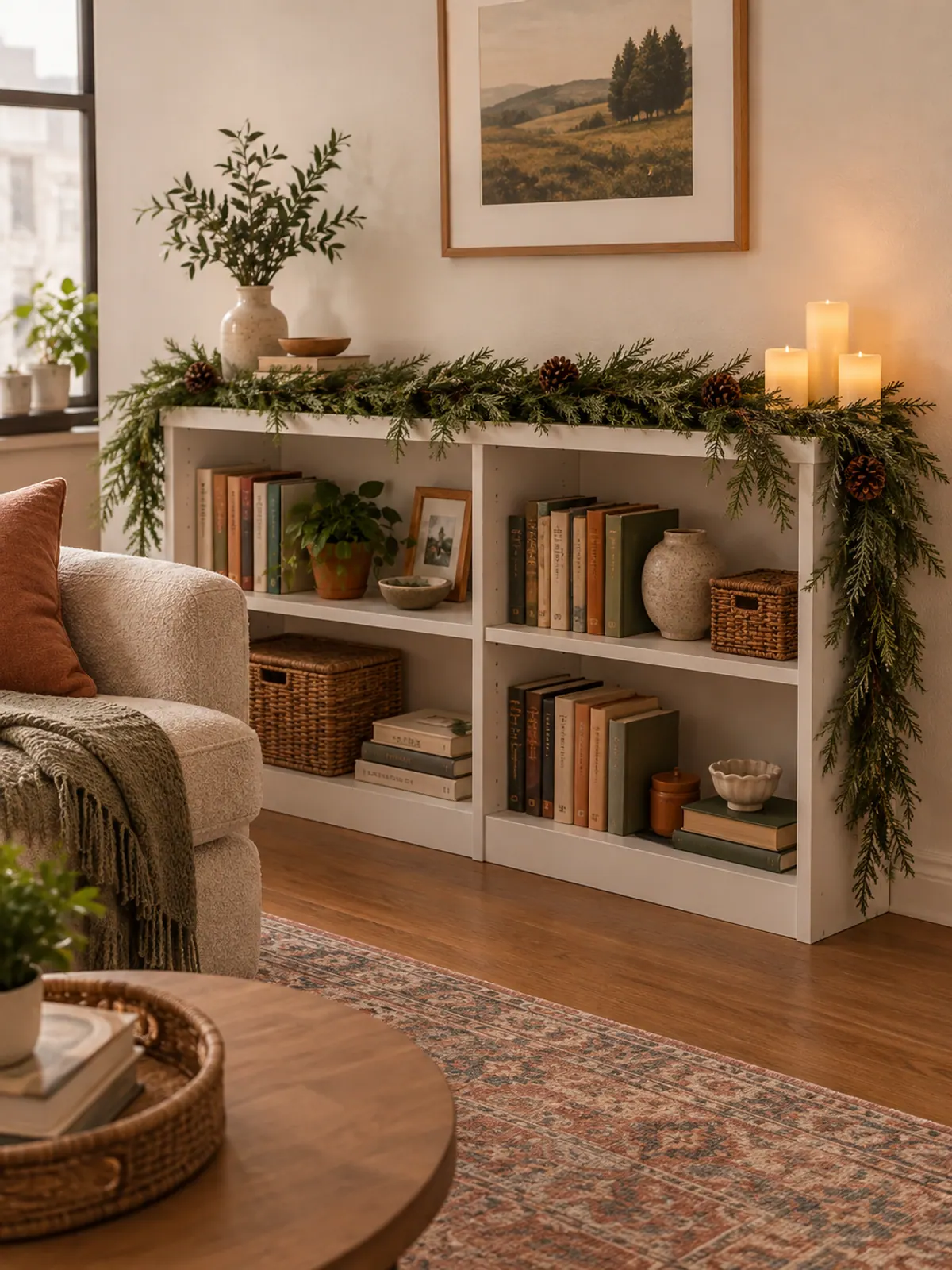 Faux pine garland mixed with real cedar clippings and pinecones along the top of a low white bookcase with flameless candles