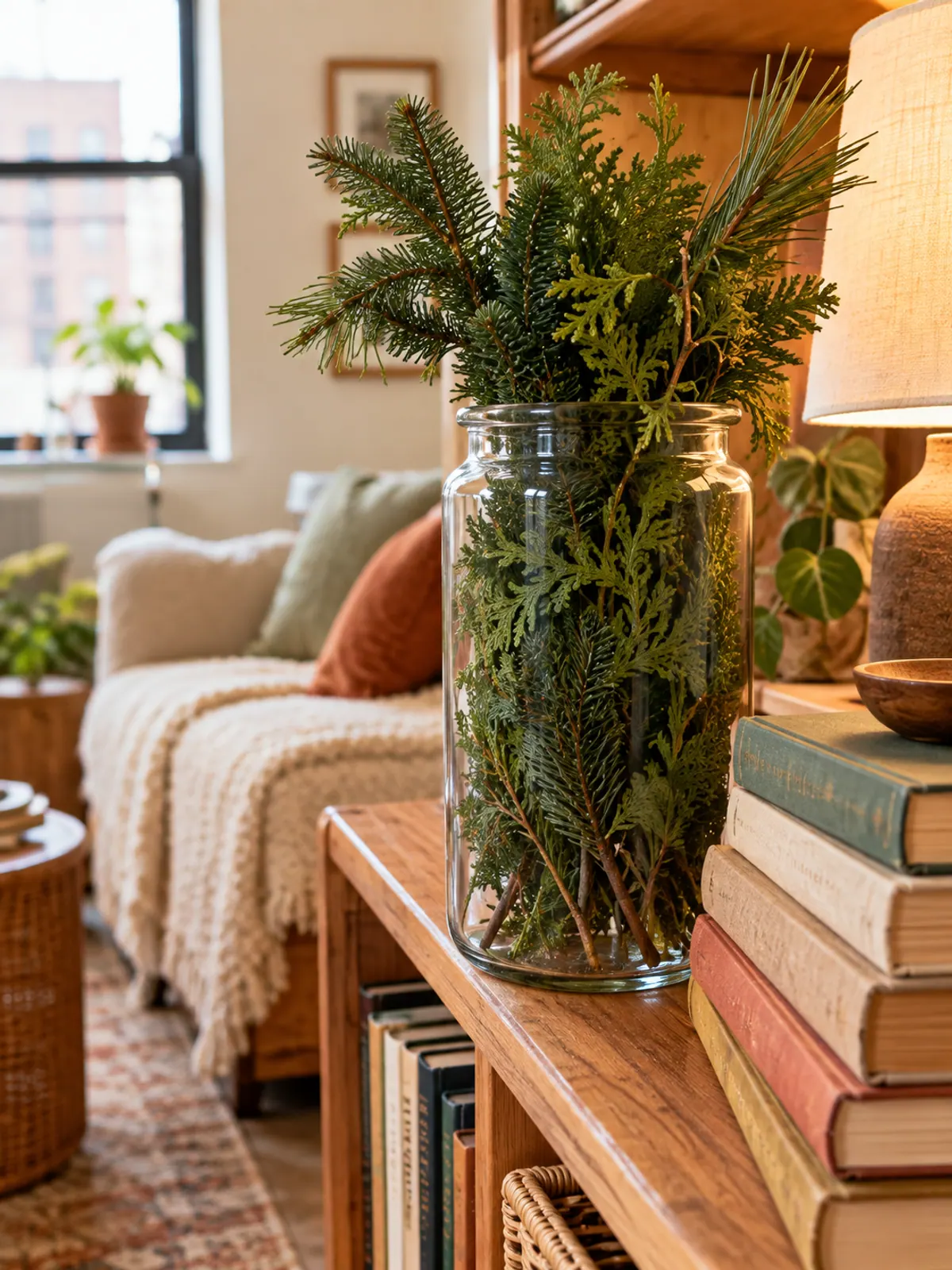 Tall glass jar of fresh fir, cedar and pine trimmings on a pine bookshelf beside a stack of books in warm lamp light