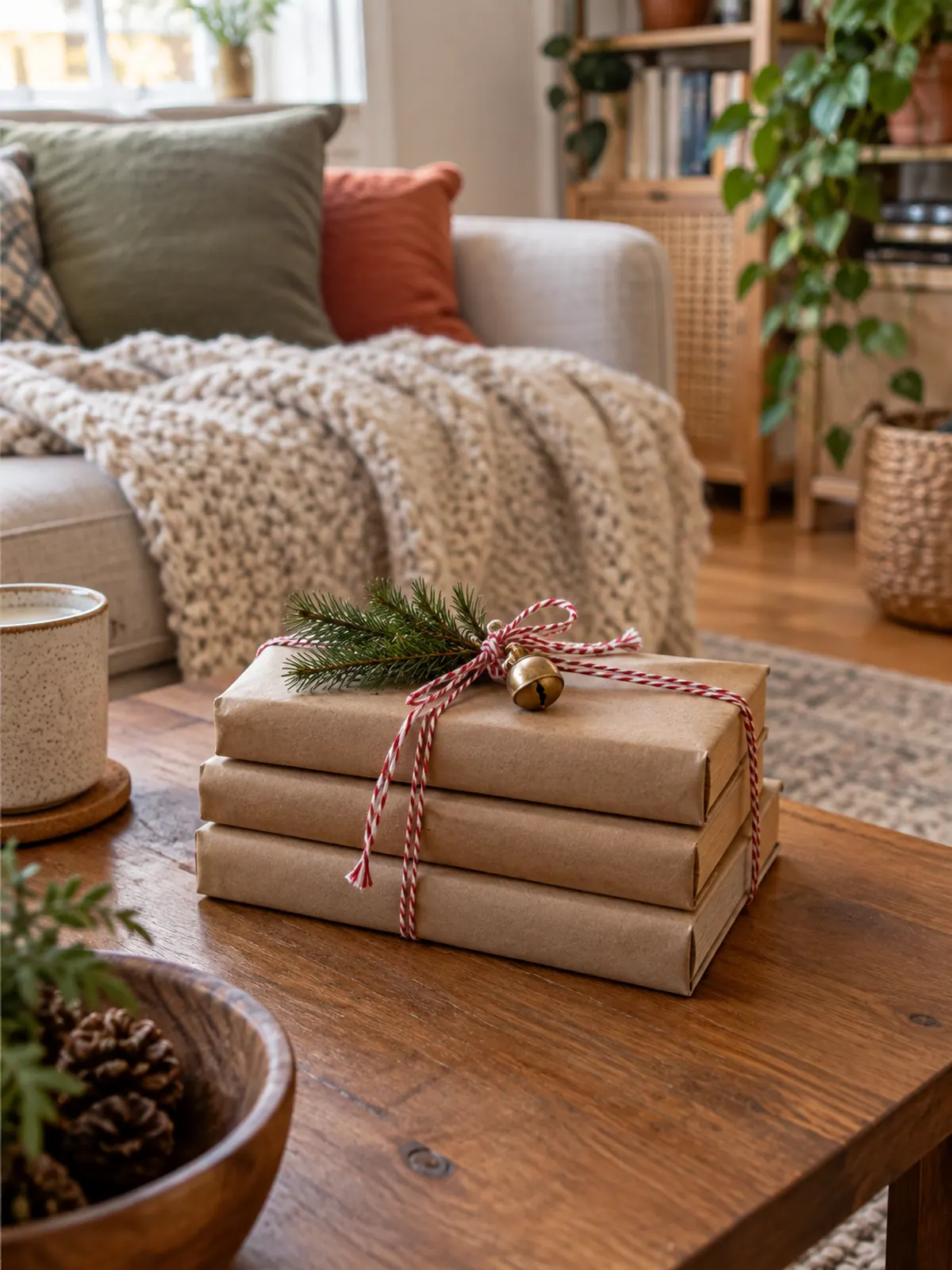 Three books wrapped in brown kraft paper tied with red and white twine with a brass bell and pine sprig on a wooden coffee table
