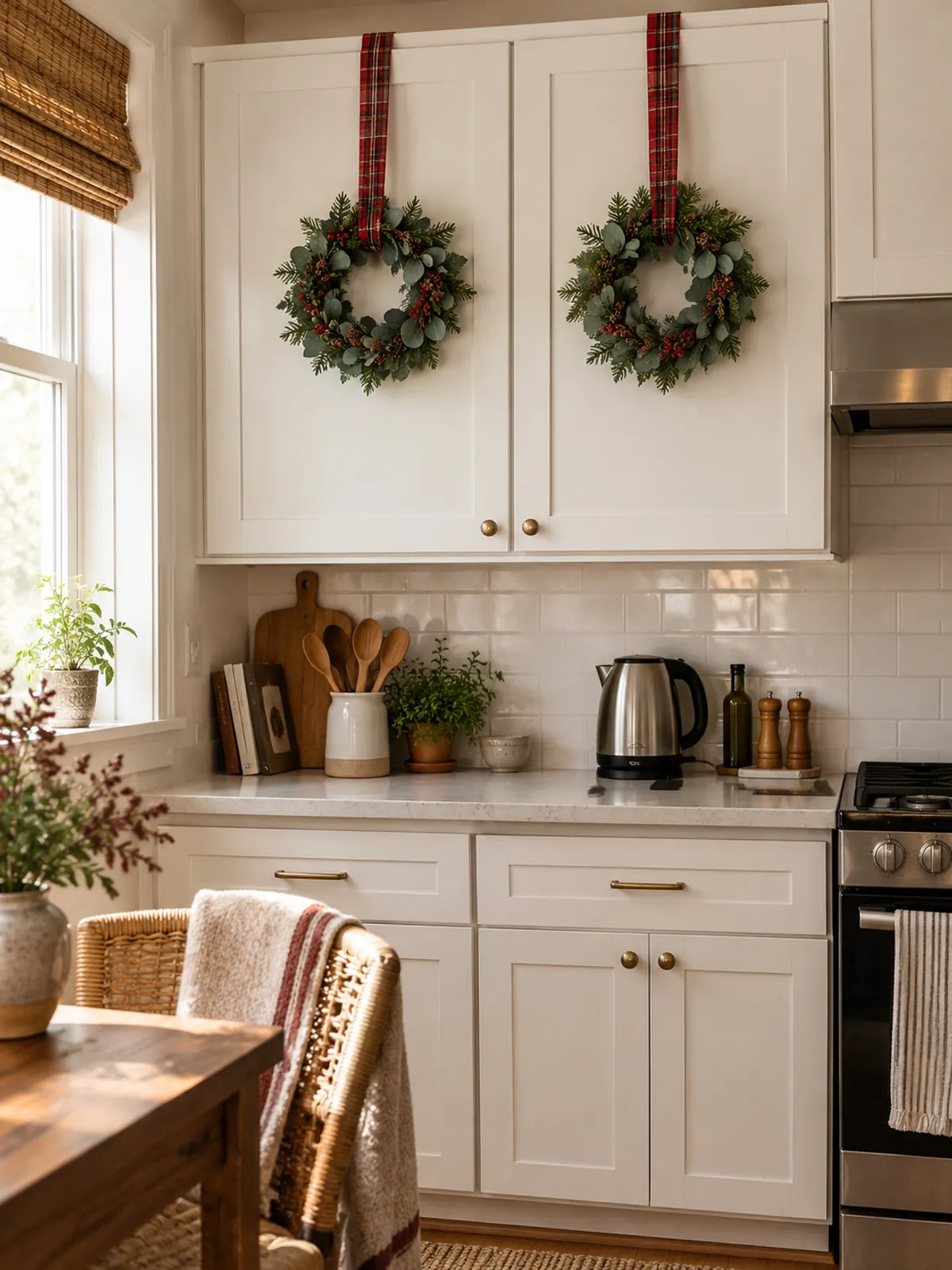 Two small eucalyptus and pine wreaths hanging from red plaid ribbons looped over white upper kitchen cabinet doors
