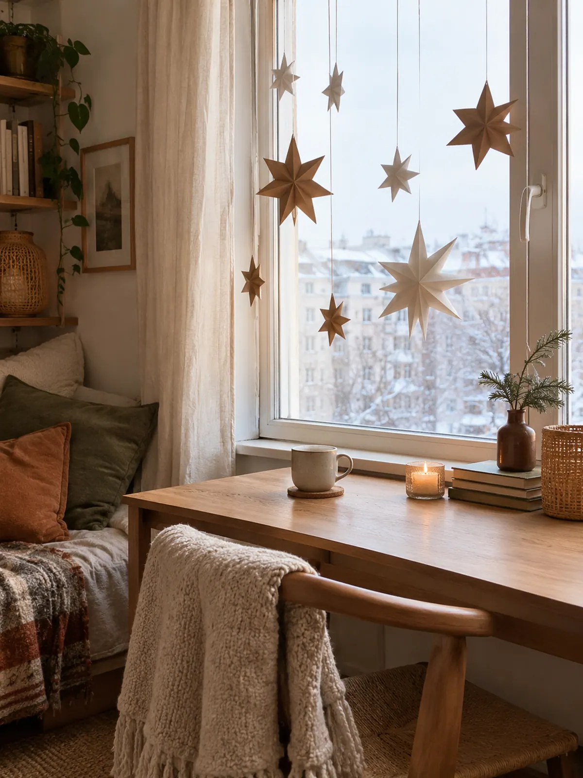 Handmade folded paper stars in white and kraft brown hanging at different heights in a small apartment window above a wooden desk