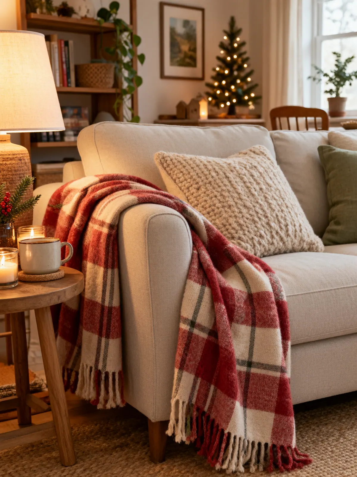 Red and cream plaid throw draped over the arm of a small linen loveseat with a knit pillow and a side table with a mug