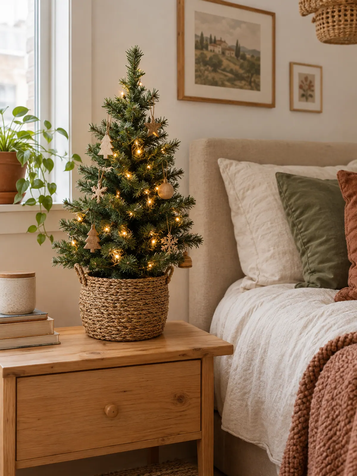 Small tabletop Christmas tree standing in a woven seagrass basket with warm lights and wooden ornaments on a pine nightstand