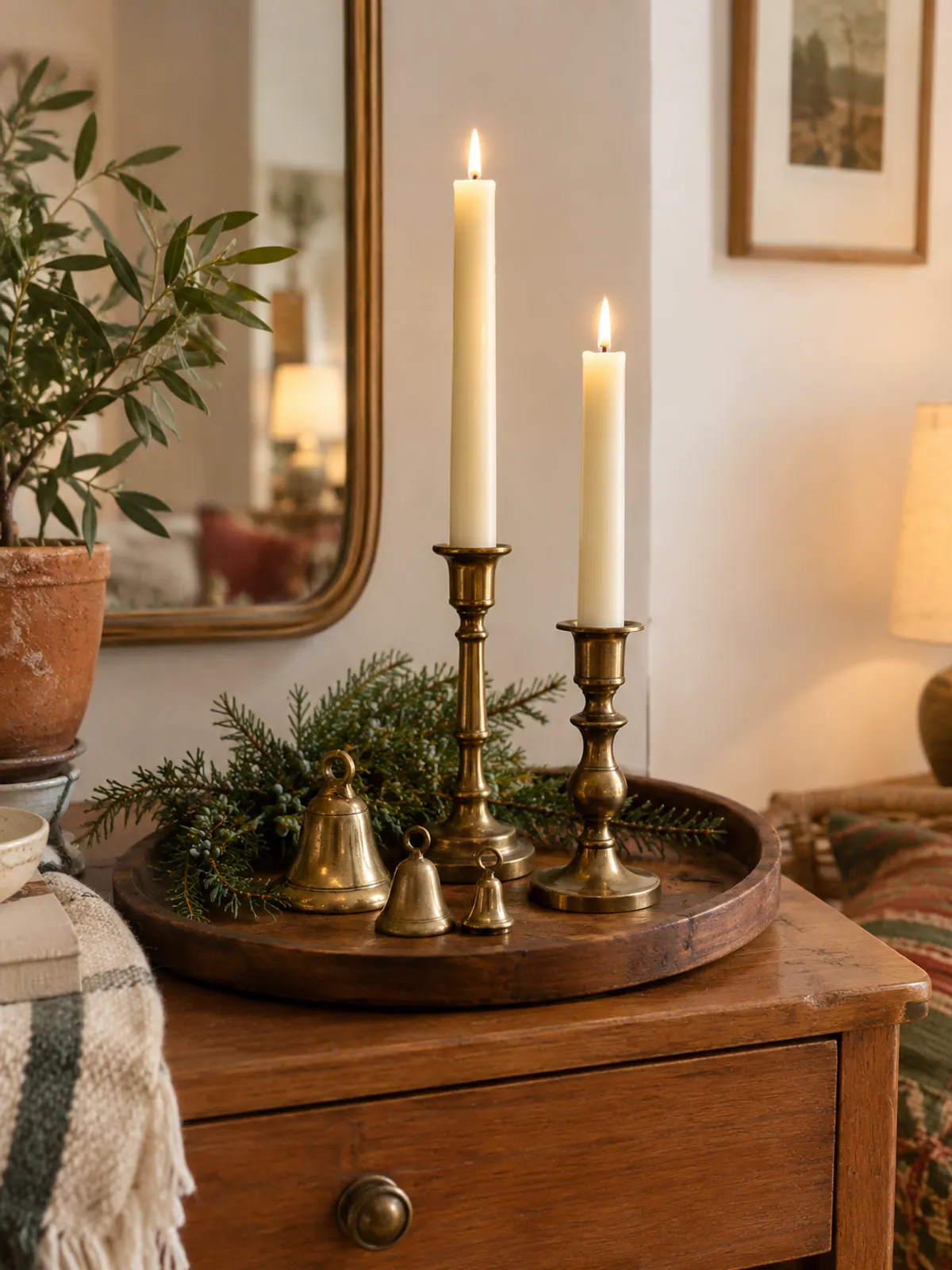 Secondhand brass candlesticks with cream tapers and small brass bells on a wooden tray on a small dresser