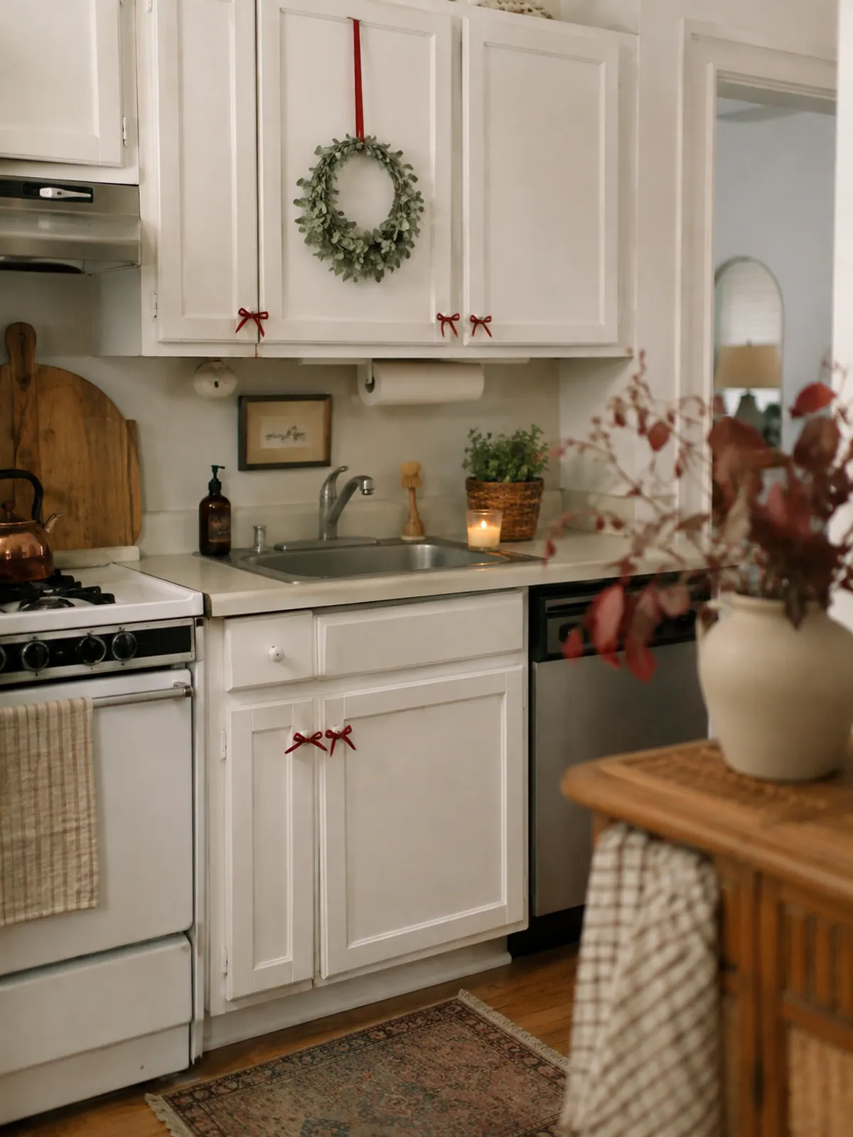 Small red velvet bows tied on white kitchen cabinet knobs with a mini eucalyptus wreath on one cabinet door in a rental kitchen