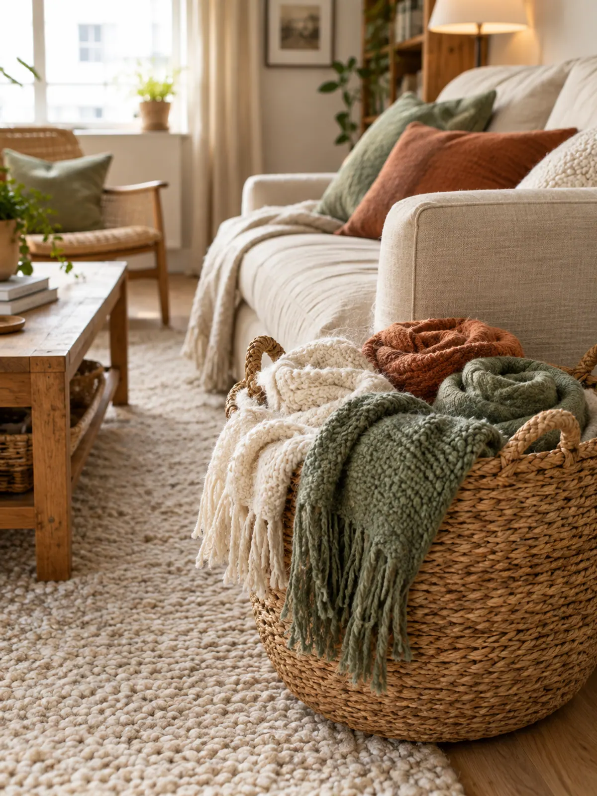 Round seagrass basket filled with rolled wool and knit throws in cream, rust and sage at the end of a linen sofa