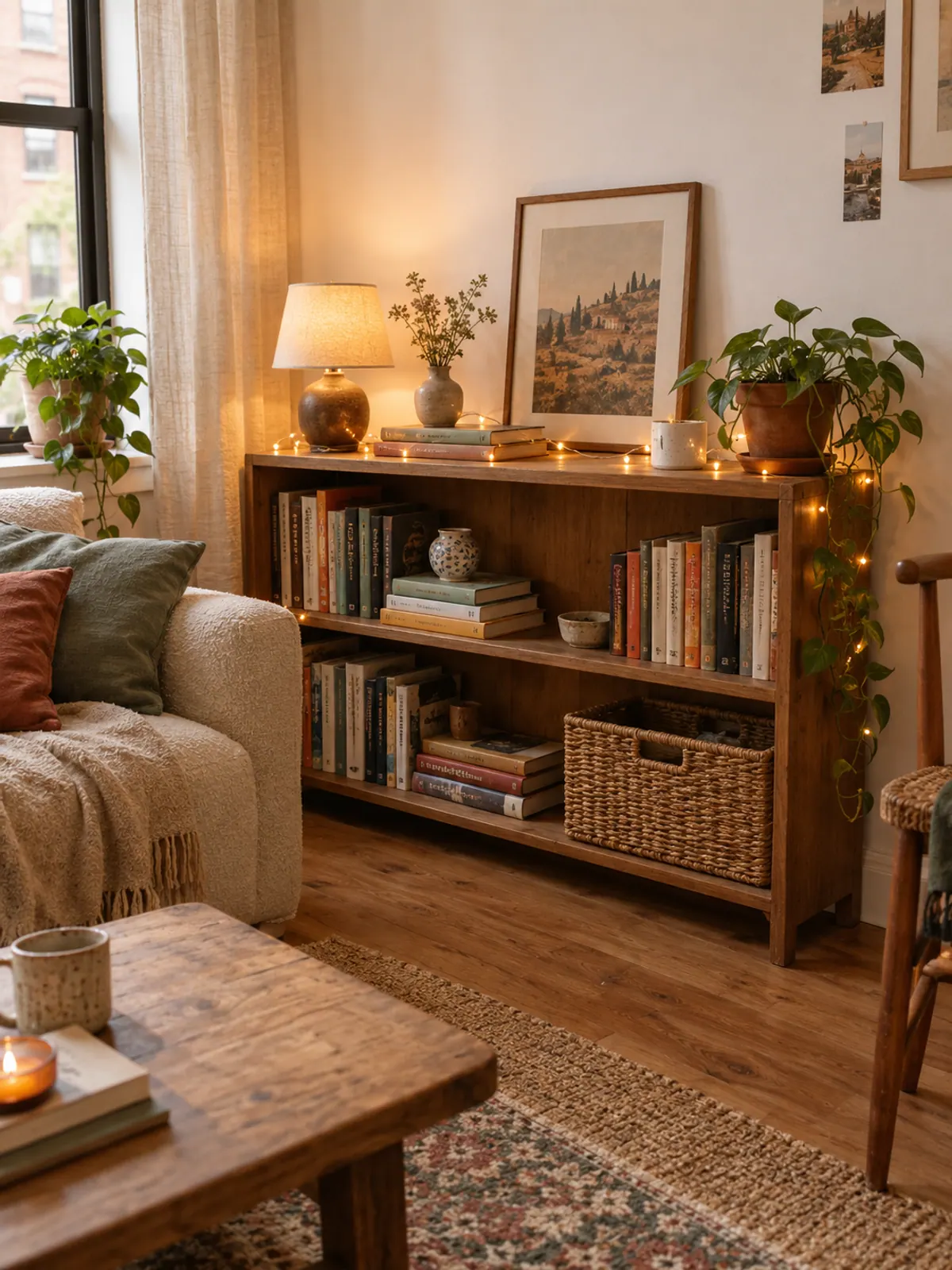 Low wooden bookshelf with books stacked upright and flat, a ceramic vase, a leaning print and warm fairy lights along the top