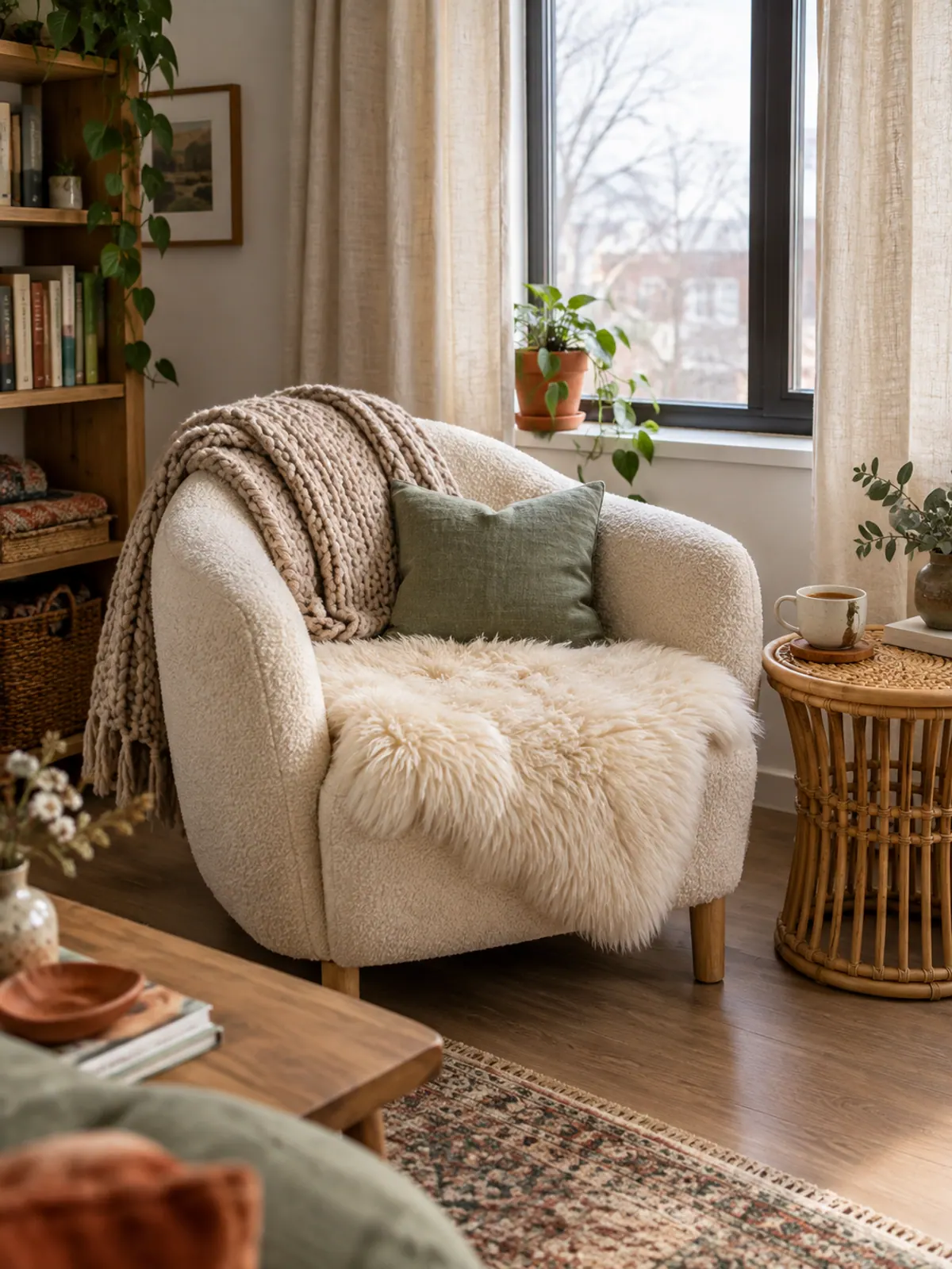 Cream boucle accent chair with a sheepskin on the seat and an oatmeal knit throw over the back beside a rattan side table