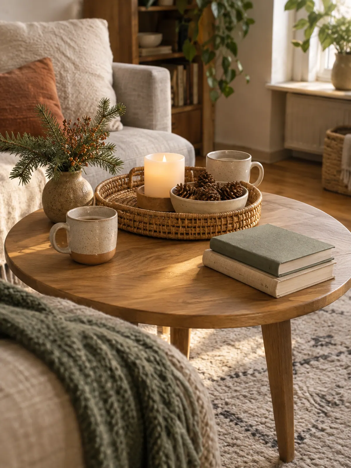 Round wooden coffee table with a rattan tray holding a flameless candle, two mugs, a bowl of pinecones and two books
