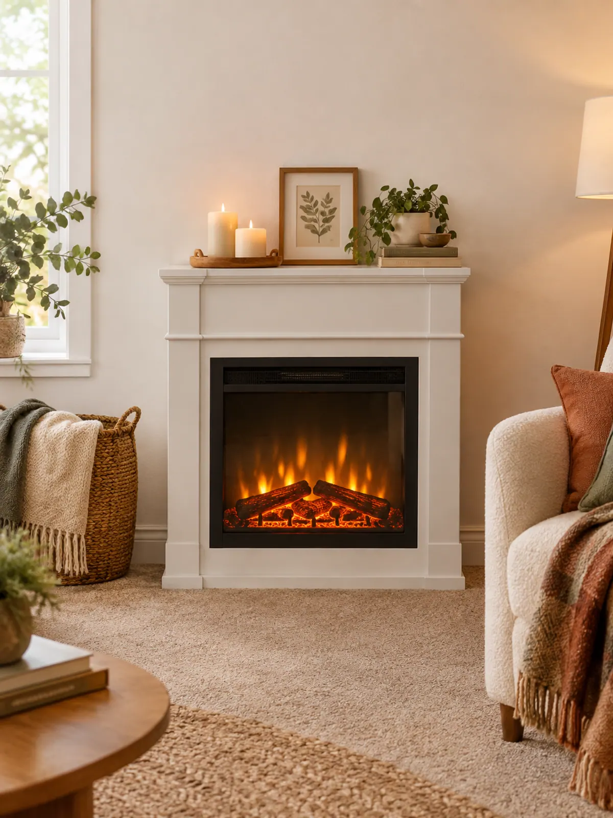 Compact freestanding electric fireplace with a white surround and glowing flame effect against a white apartment wall