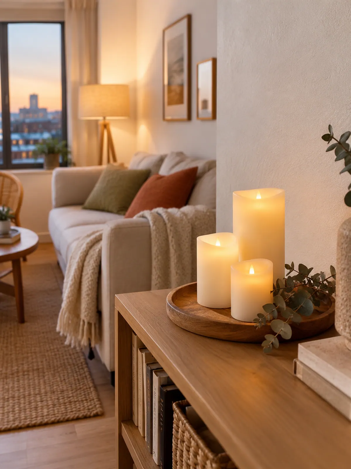 Three cream flameless pillar candles of different heights on a round wooden tray with dried eucalyptus on a bookshelf