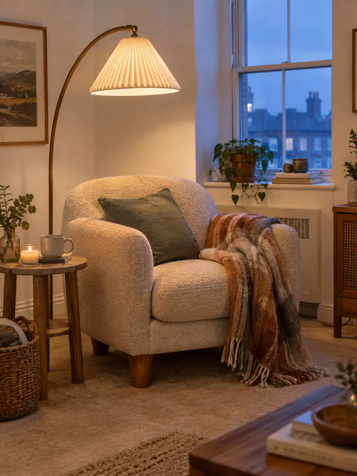 Arc floor lamp with a pleated linen shade glowing over a boucle armchair and wool blanket in a small rental living room at dusk