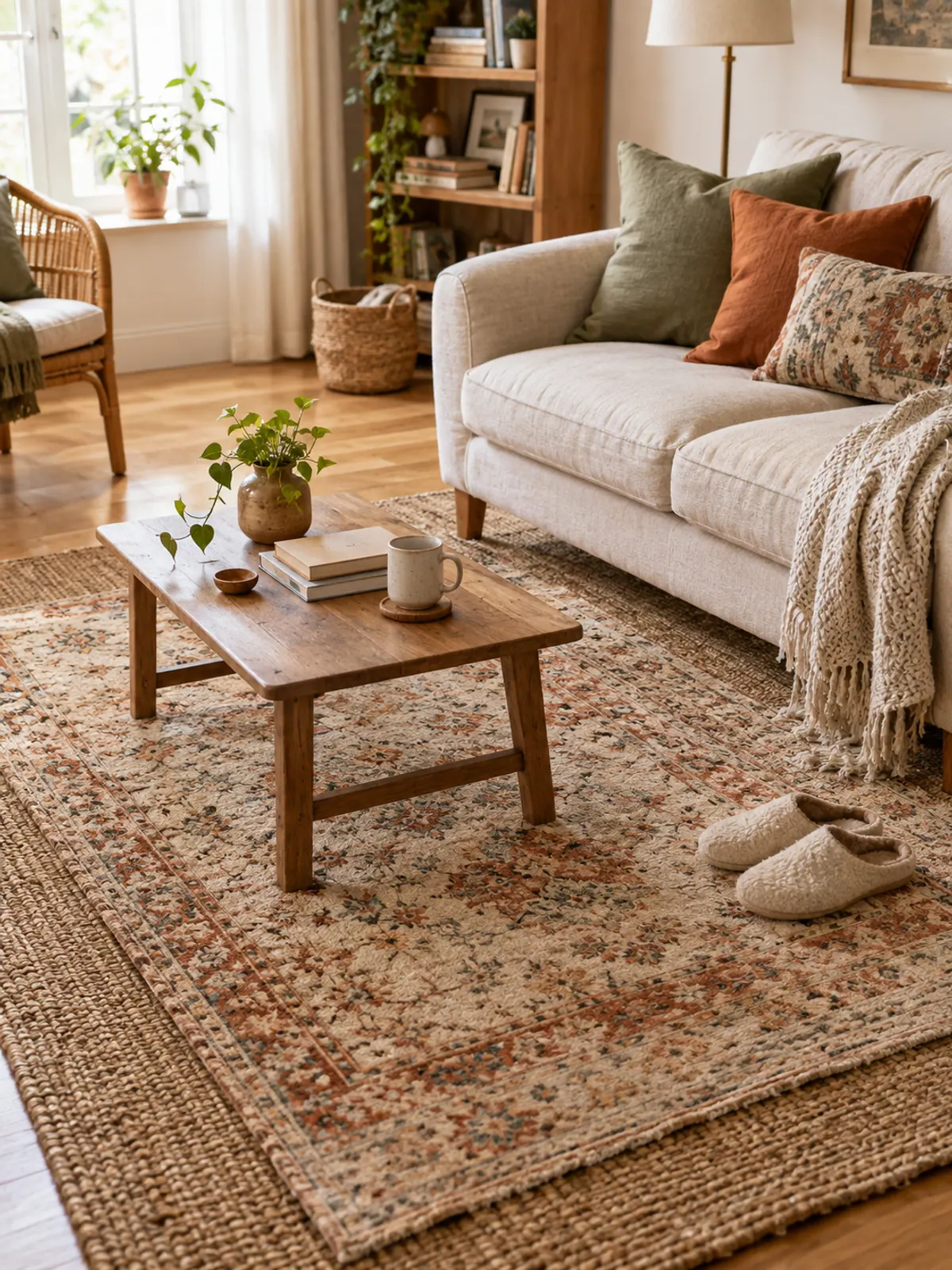 Small cream and rust wool rug layered at an angle over a large jute rug under a wooden coffee table in a rental living room