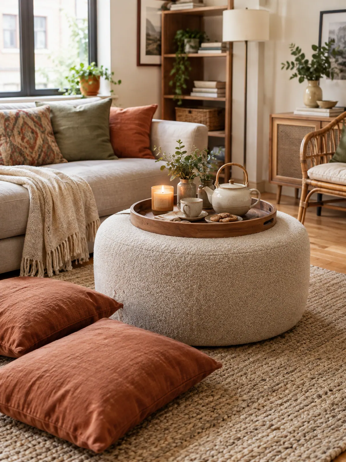 Round oatmeal boucle ottoman with a wooden tray of candles and a tea set used as a coffee table beside rust floor cushions