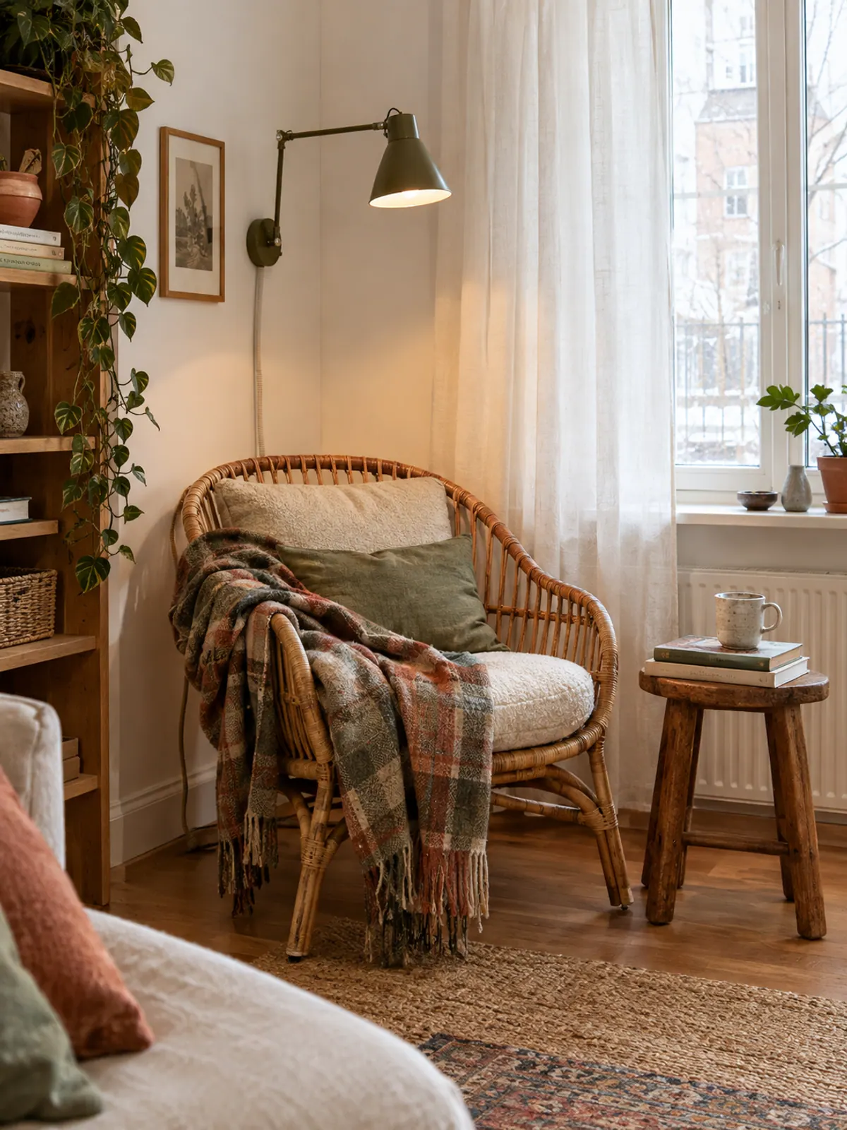 Rattan lounge chair with a wool cushion and plaid blanket by a window, a plug-in wall lamp and a stool with books and a mug