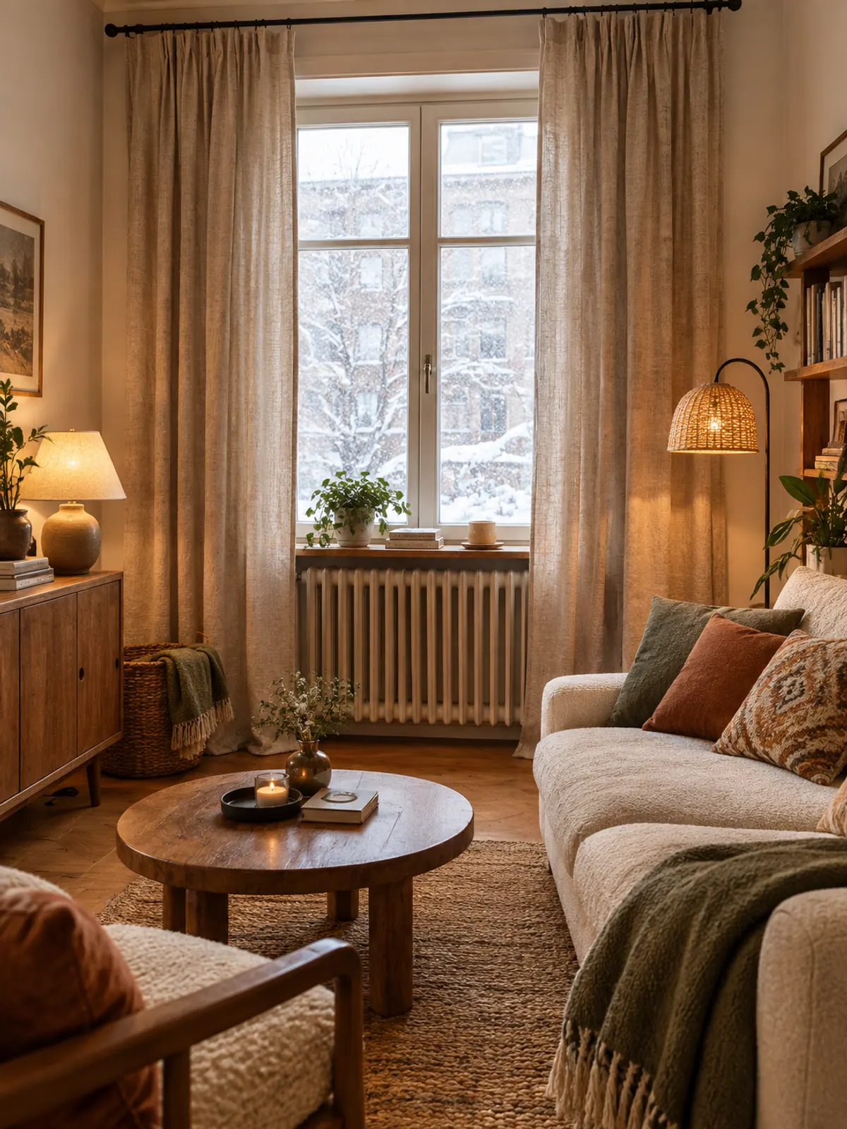 Floor-length heavy oatmeal curtains hung high on a slim black rod above a radiator in a small apartment living room window