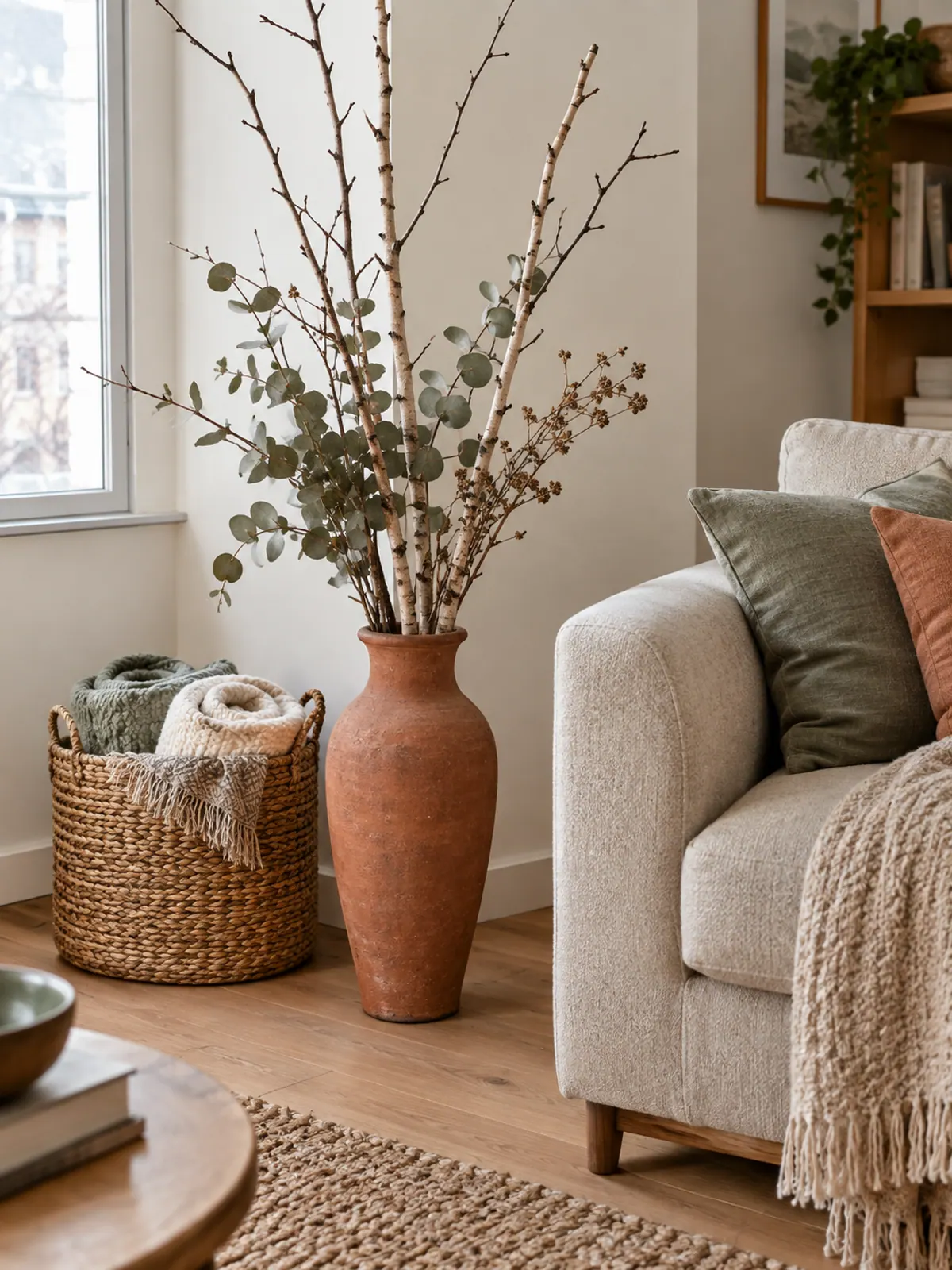 Tall terracotta ceramic vase of bare birch and dried eucalyptus branches beside a sofa and a basket of rolled blankets