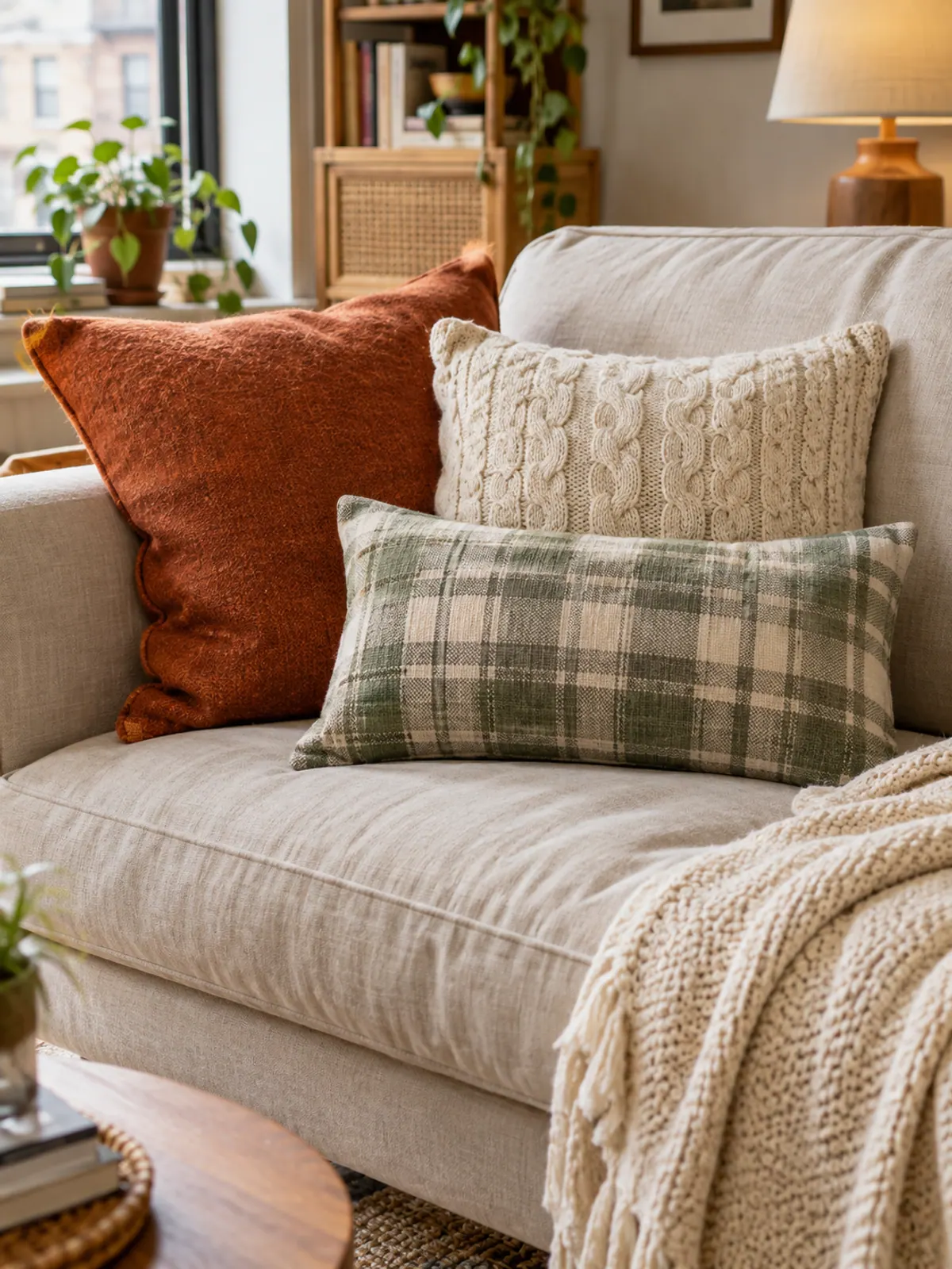 Linen loveseat corner with a rust wool pillow, a cream cable-knit pillow and a sage plaid lumbar pillow under a knit throw