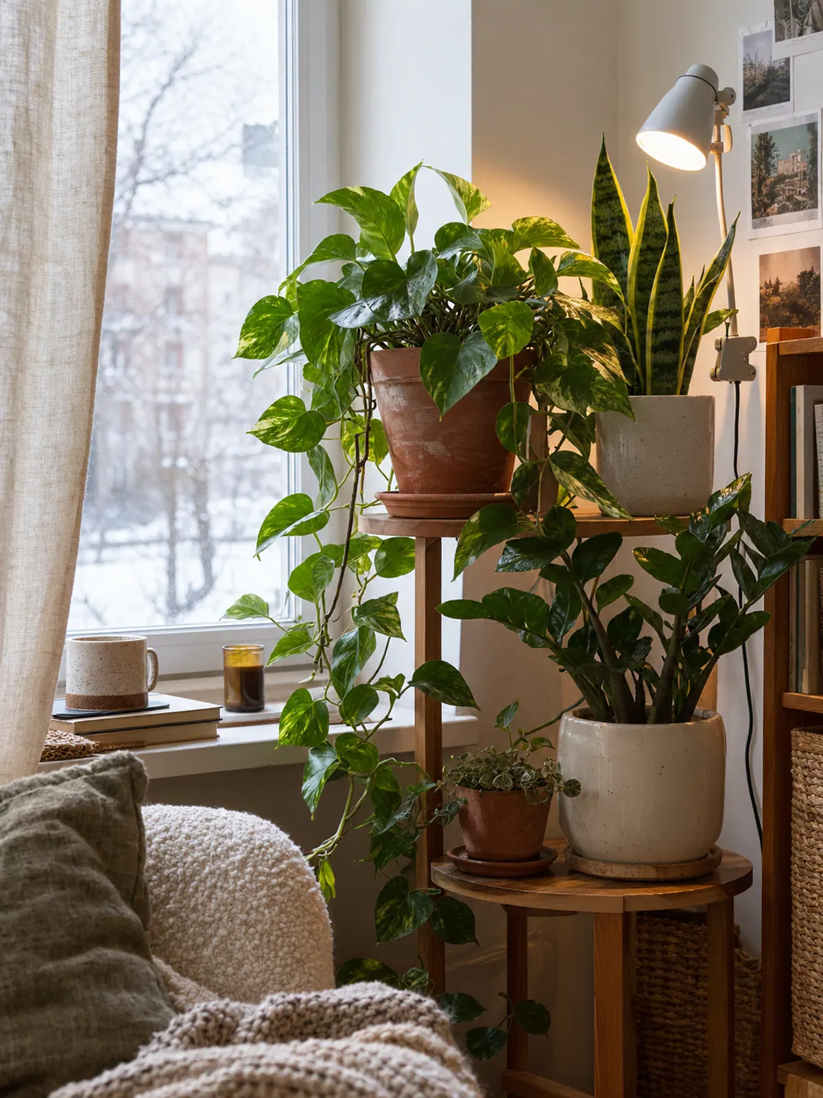 Pothos, snake plant and ZZ plant in terracotta and cream pots on a plant stand near a winter window with a clip grow light