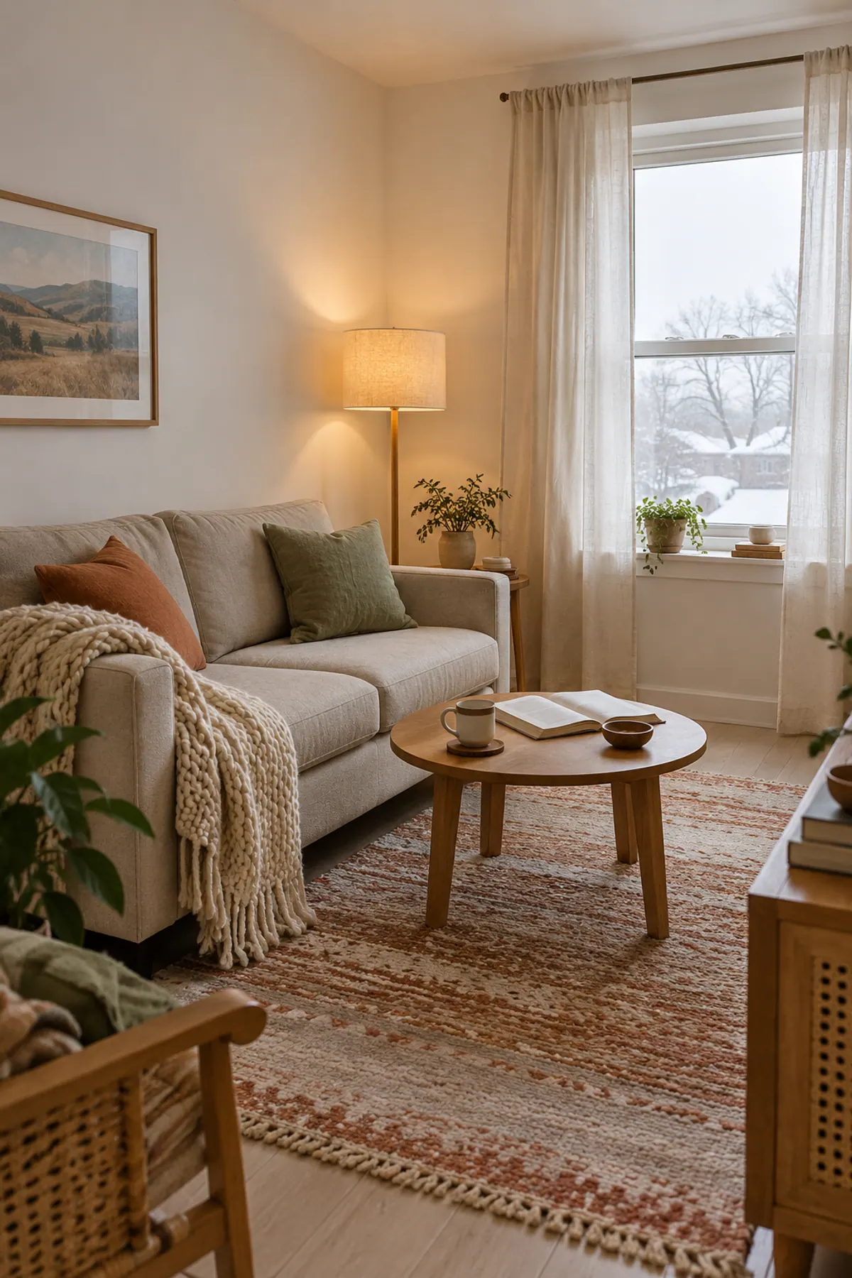 Cozy living rooms in a small apartment: a linen loveseat with a cream knit throw and rust pillow, a wool rug, a round wood coffee table and a glowing floor lamp beside a snowy window