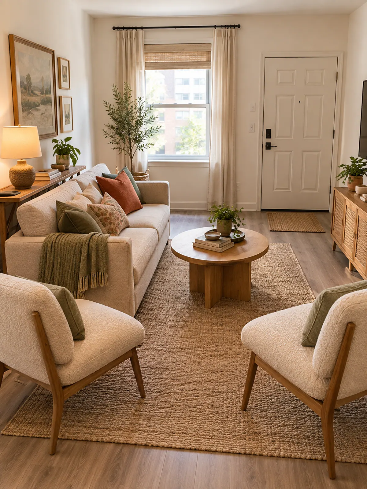 Small apartment living room ideas layout with a compact sofa floated off the wall on a rug, two armless chairs and a round coffee table
