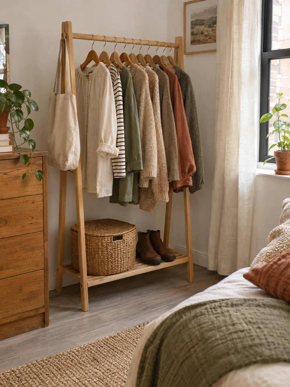 Natural wood clothing rack in a bedroom corner with neutral clothes on matching wooden hangers and a basket and boots on the lower shelf