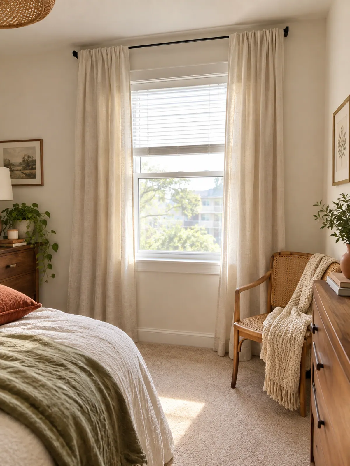 Floor-length oatmeal linen curtains hung high near the ceiling on a slim black rod, pulled wide of a small bedroom window