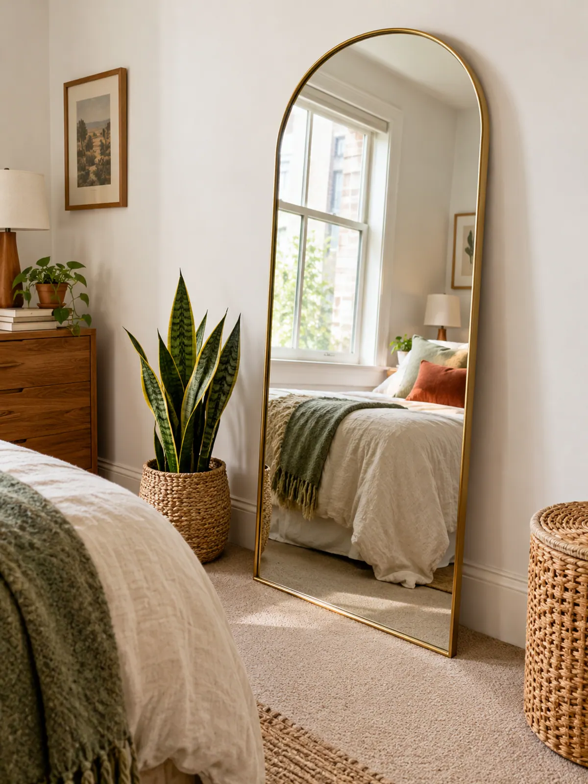 Tall arched brass floor mirror leaning against a white bedroom wall, reflecting the window light and a bed with cream linen bedding