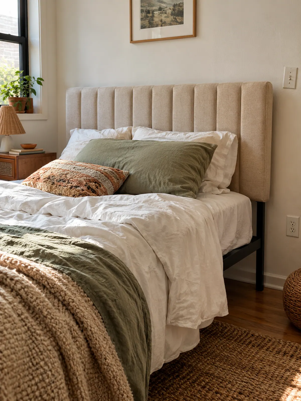 Sand linen channel-tufted headboard bolted to a black metal bed frame in front of a plain white rental wall with an outlet