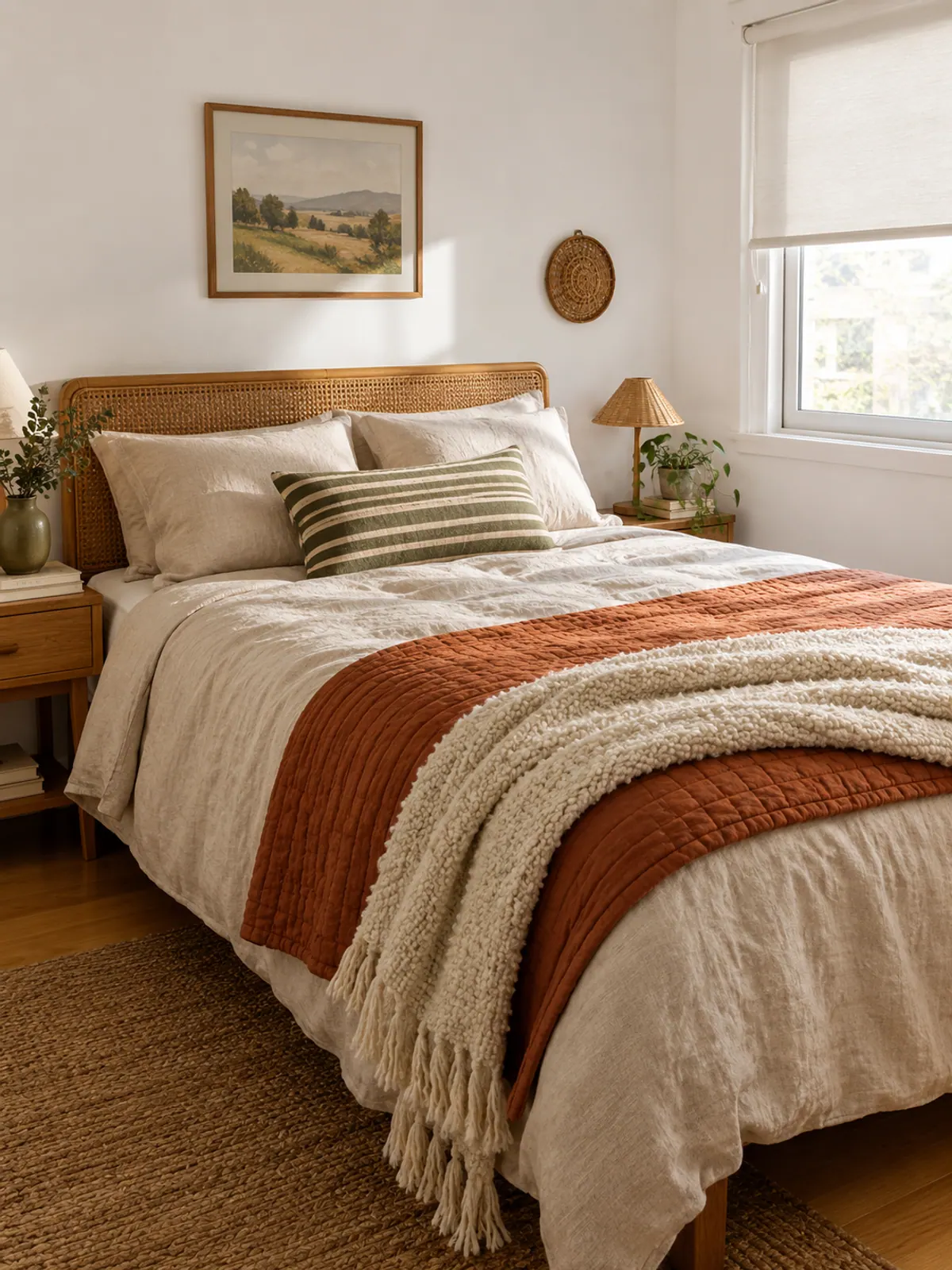 Full bed layered with a washed oatmeal linen duvet, a rust quilt folded at the foot, a chunky cream wool throw and a striped lumbar pillow