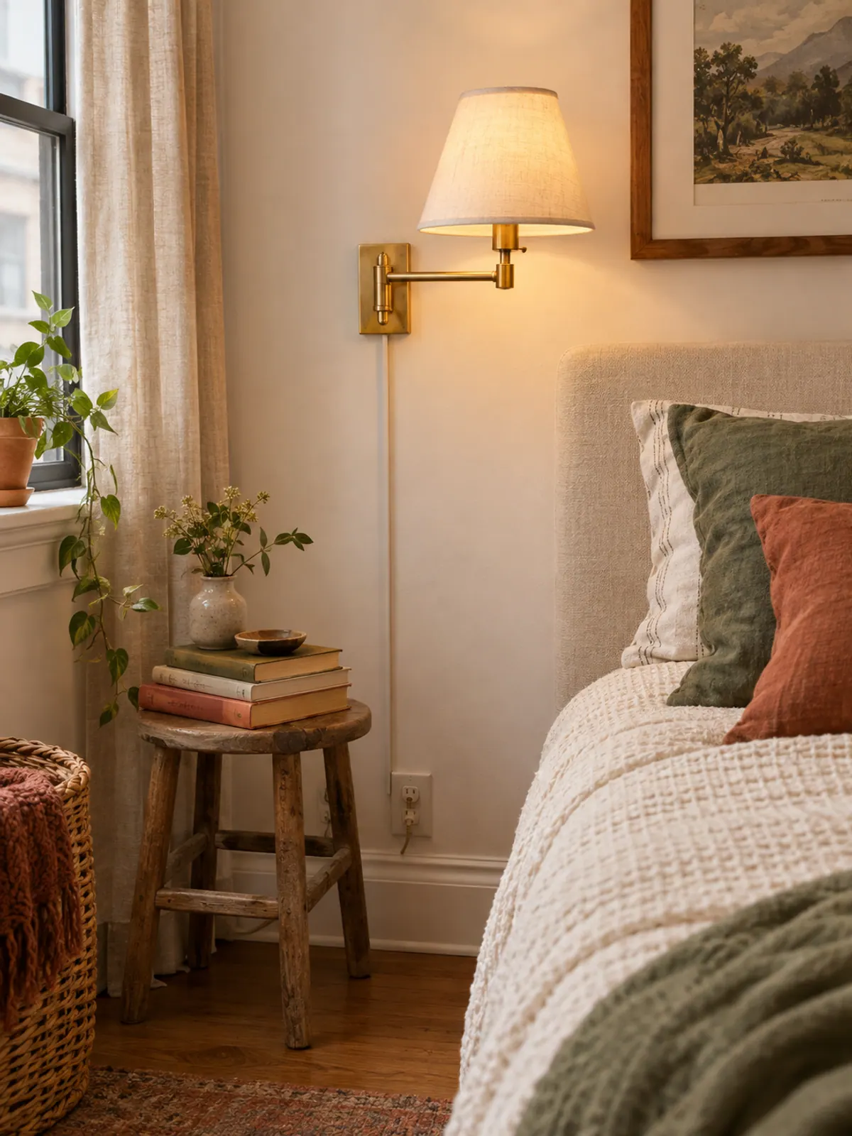 Brass plug-in swing-arm wall sconce with a linen shade beside a bed, its cord hidden in a slim cord cover running down a white wall