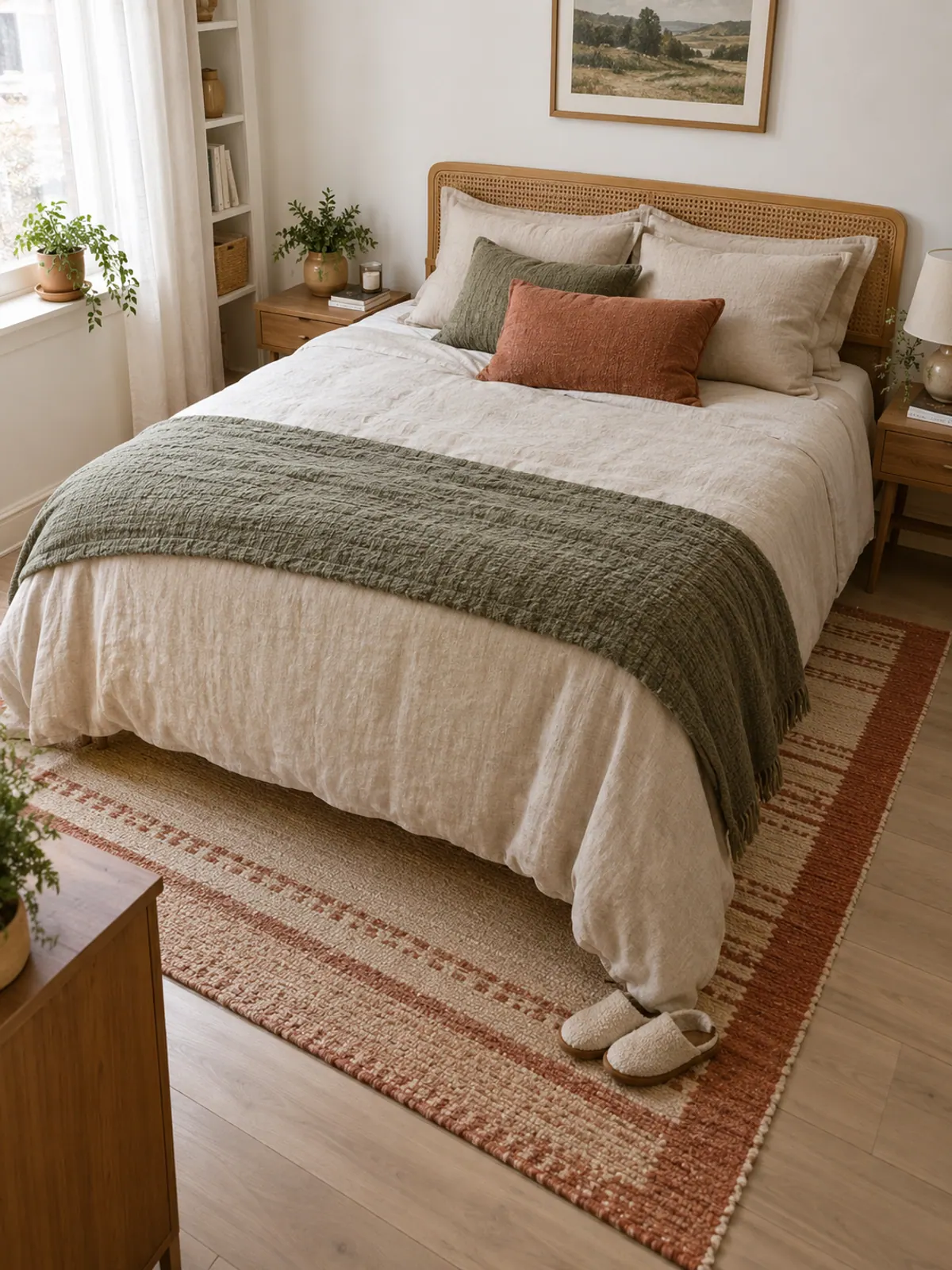 Cream and terracotta flatweave rug under the lower part of a bed with linen bedding, a pair of slippers on the rug and light laminate flooring