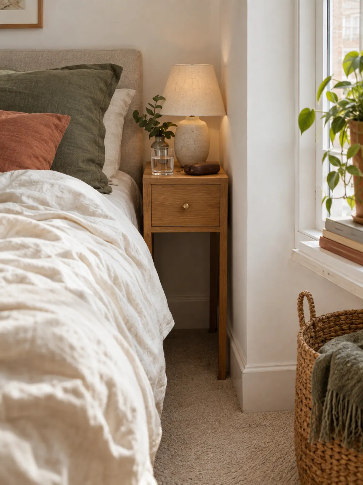 Narrow oak nightstand with one drawer fitted between a bed and a white wall, holding a small ceramic lamp and a glass of water