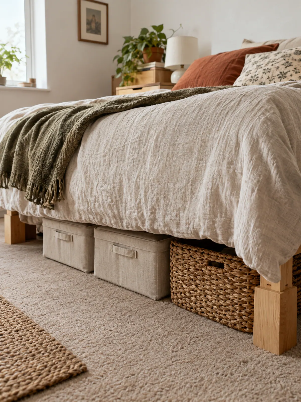 Bed raised on wooden bed risers with lidded canvas under-bed storage bins and a seagrass basket slid underneath