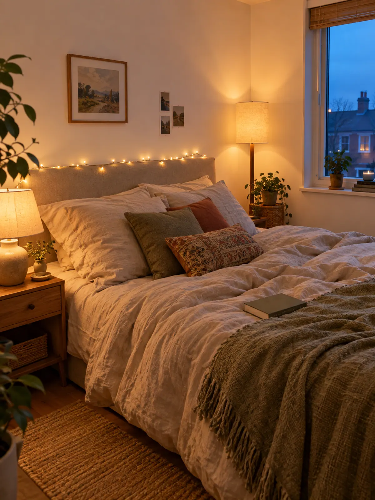 Small bedroom at dusk lit by a ceramic table lamp, a slim linen floor lamp and warm white fairy lights along the headboard