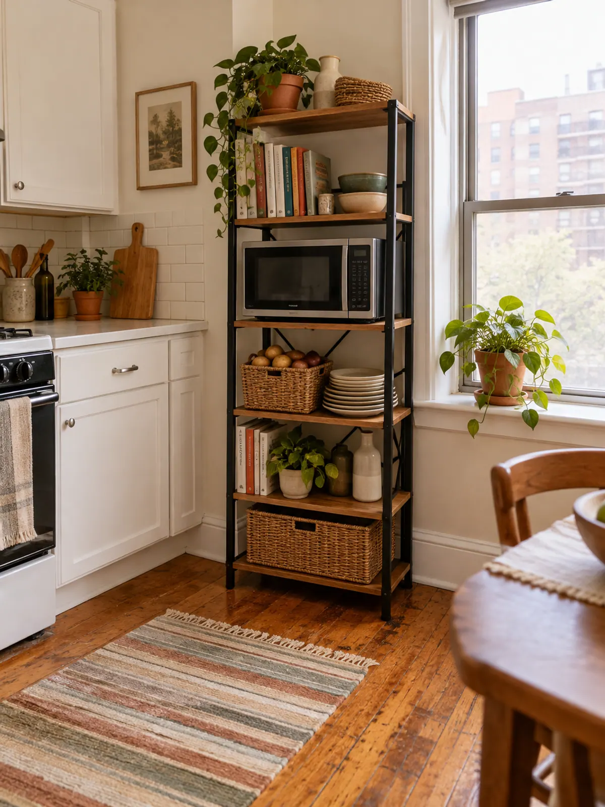 Narrow wood and black metal baker's rack in a small apartment kitchen holding a microwave, cookbooks, a basket of potatoes and plates
