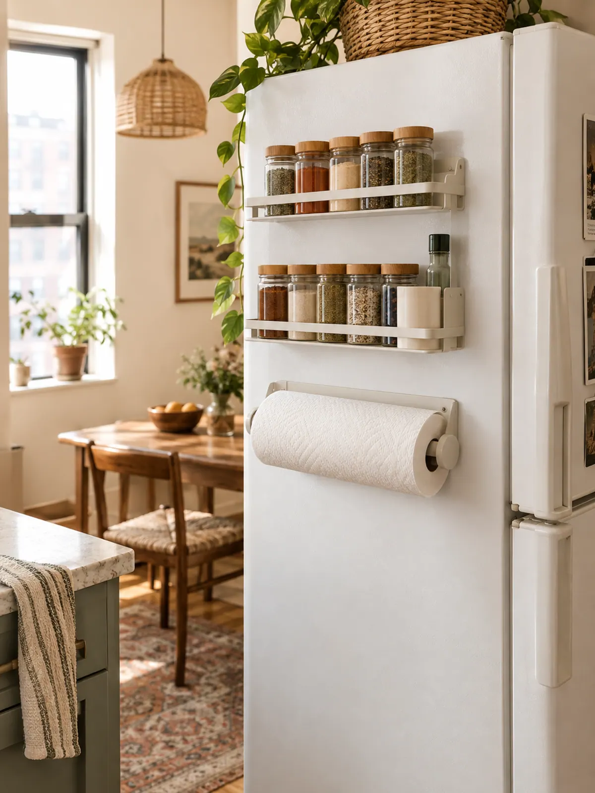 Small kitchen storage idea: two magnetic spice racks and a magnetic paper towel holder on a white refrigerator in a sunny apartment kitchen