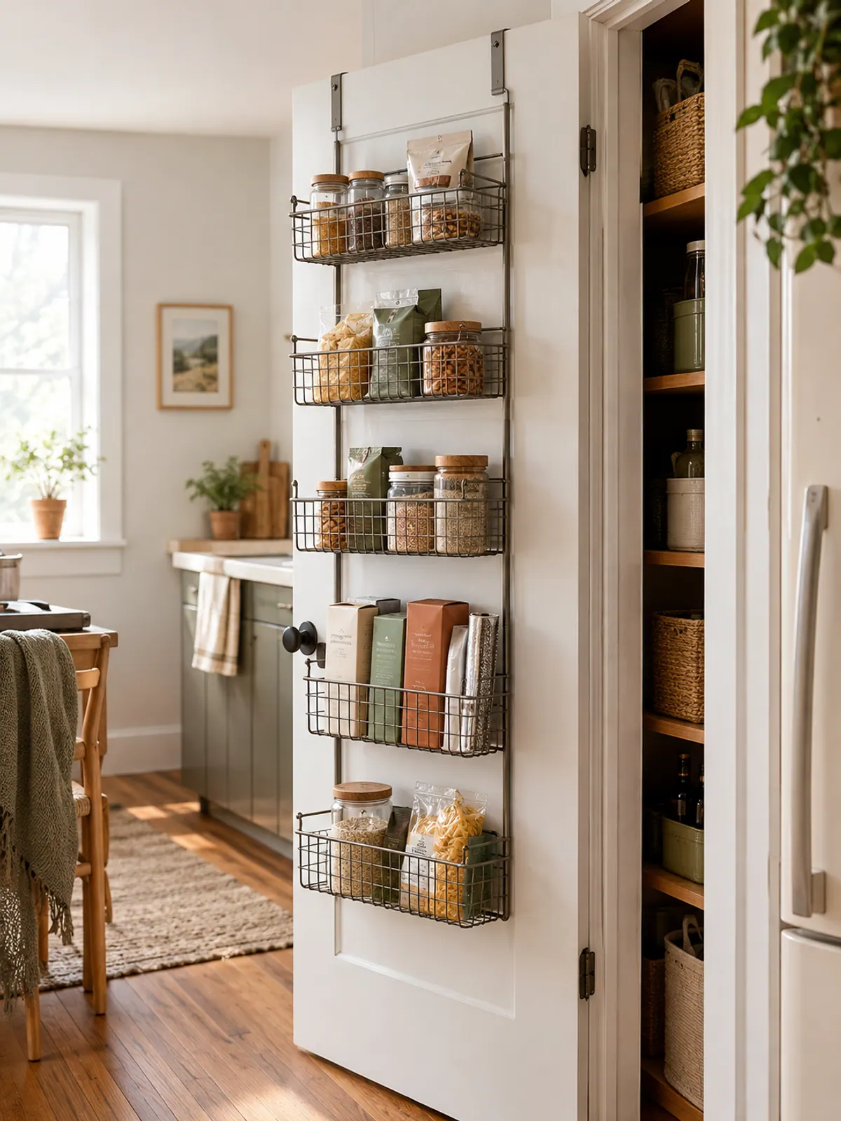 Over-the-door pantry organizer with wire baskets of glass jars, pasta and snack boxes hanging on a white door in a small apartment kitchen